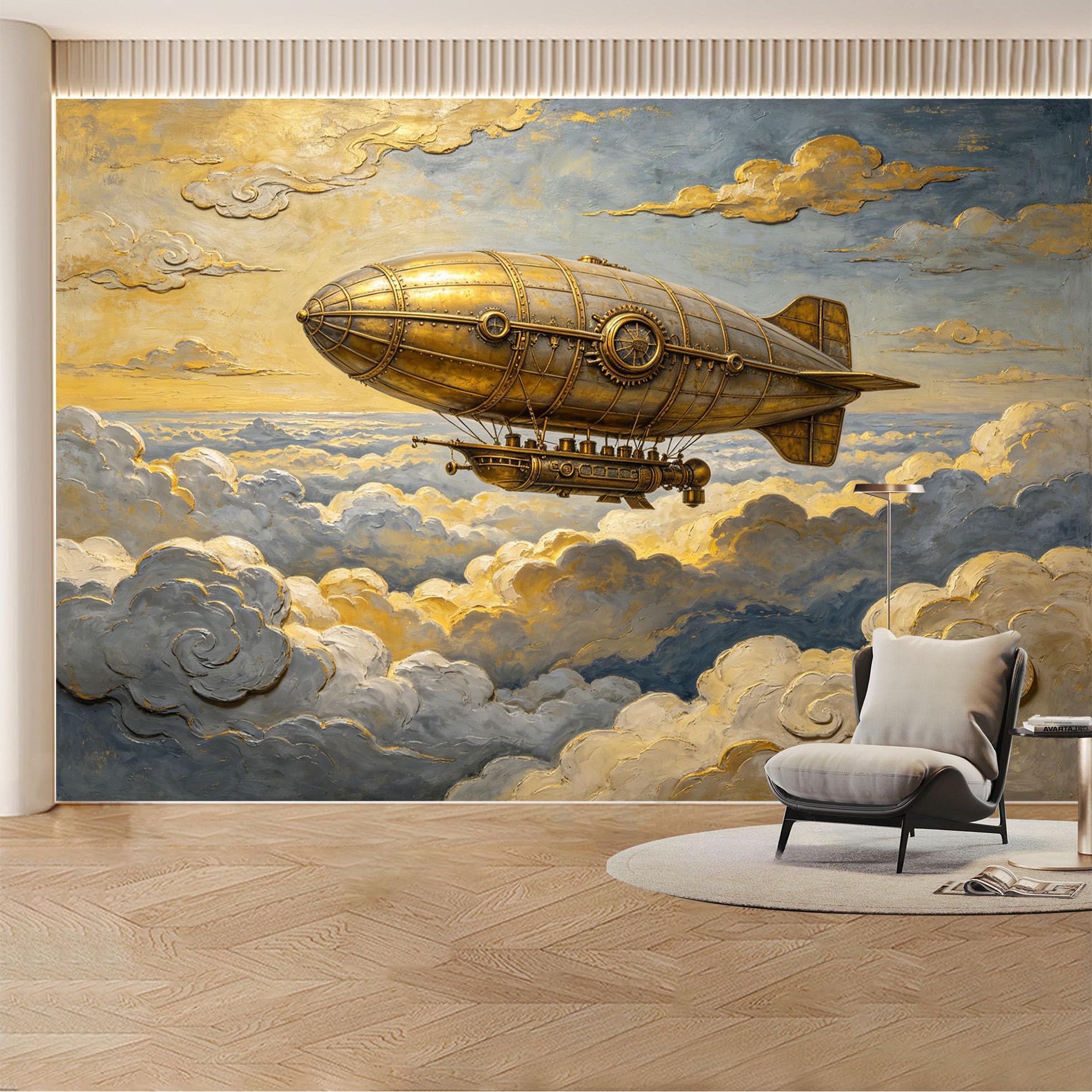 Custom Wall Mural Wallpaper Airship Adventure Landscape Nature 3D Effect Wall Decor Vintage Steampunk Style Removable SelfAdhesive Large Photo for Living Room， Bedroom， Office