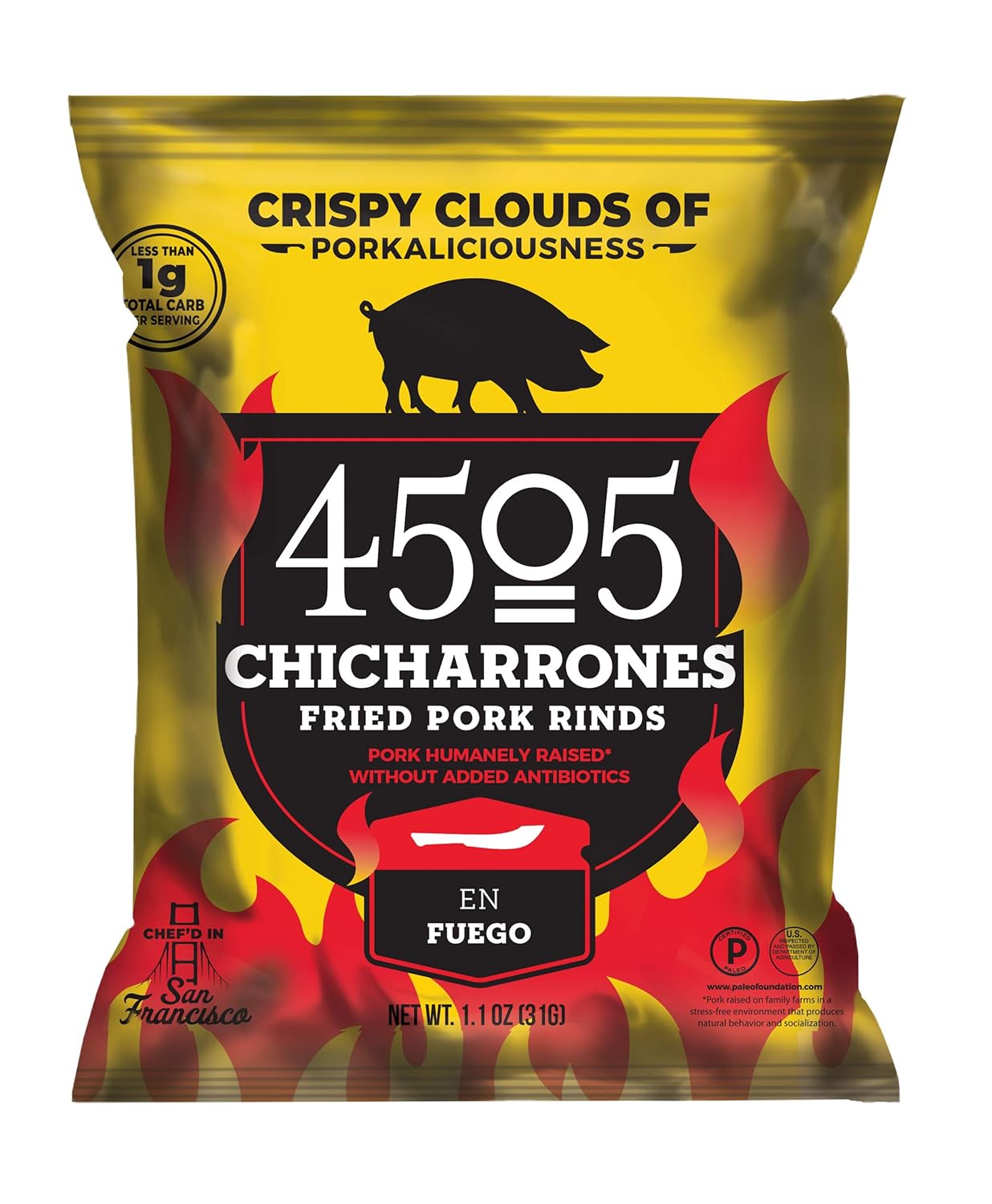 4505 Meats Chicharrones Fried Pork Rinds, En Fuego, 1.1 oz