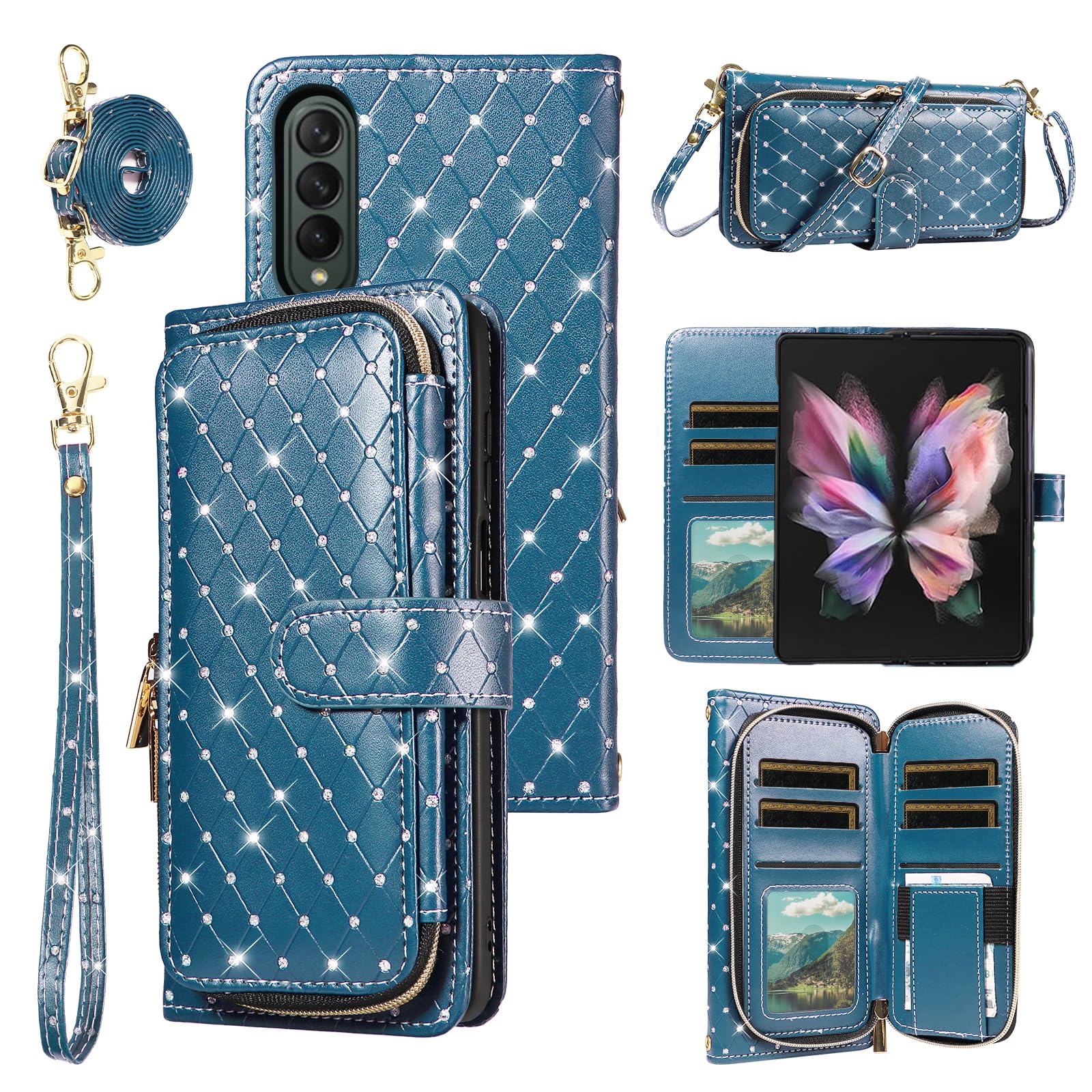 Funda tipo cartera para Samsung Galaxy Z Fold 4 5G 2022, con cierre de cremallera y correa cruzada, con purpurina brillante, ranura para tarjetas, ZFold4, Z4, Fold4, ZFold4, ZFold4, ZFold4, ZFold4