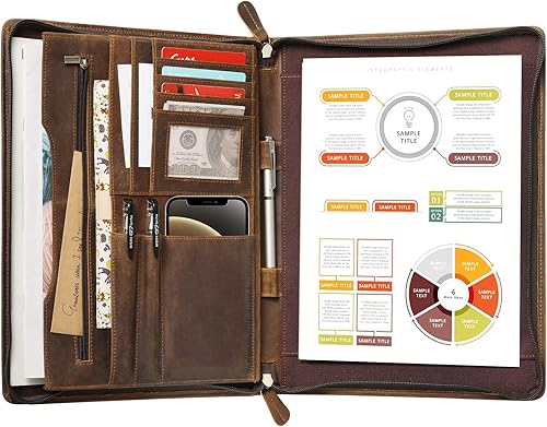 Ringsun Portafolio de cuero genuino para hombres y mujeres, padfolio de cuero con cremallera para currículum de negocios para A4Padteléfono,