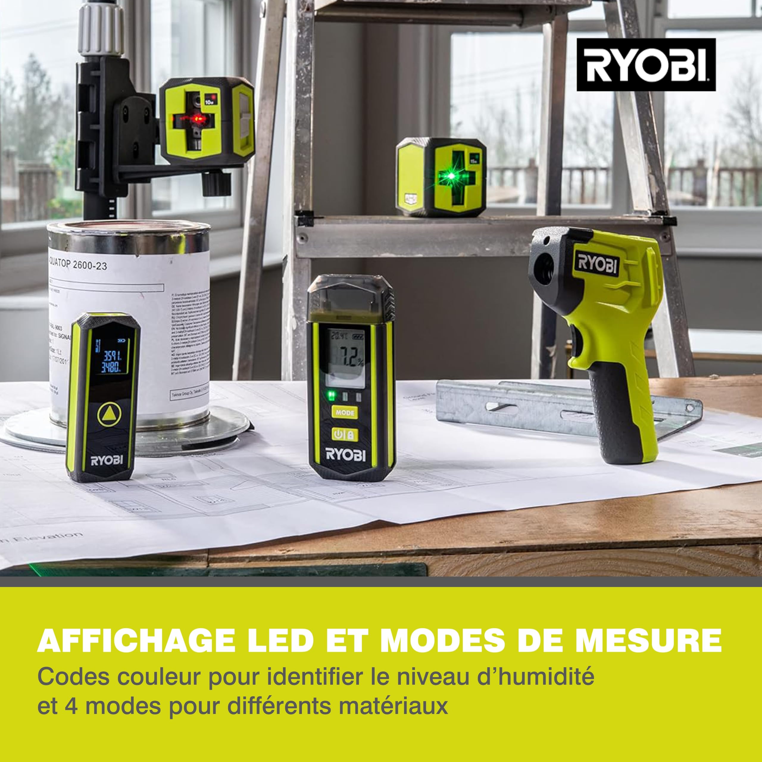 RYOBI Testeur d’Humidité RBPINMM1 Détection Bois Matériaux Bâtiment Grand Écran LCD Compact