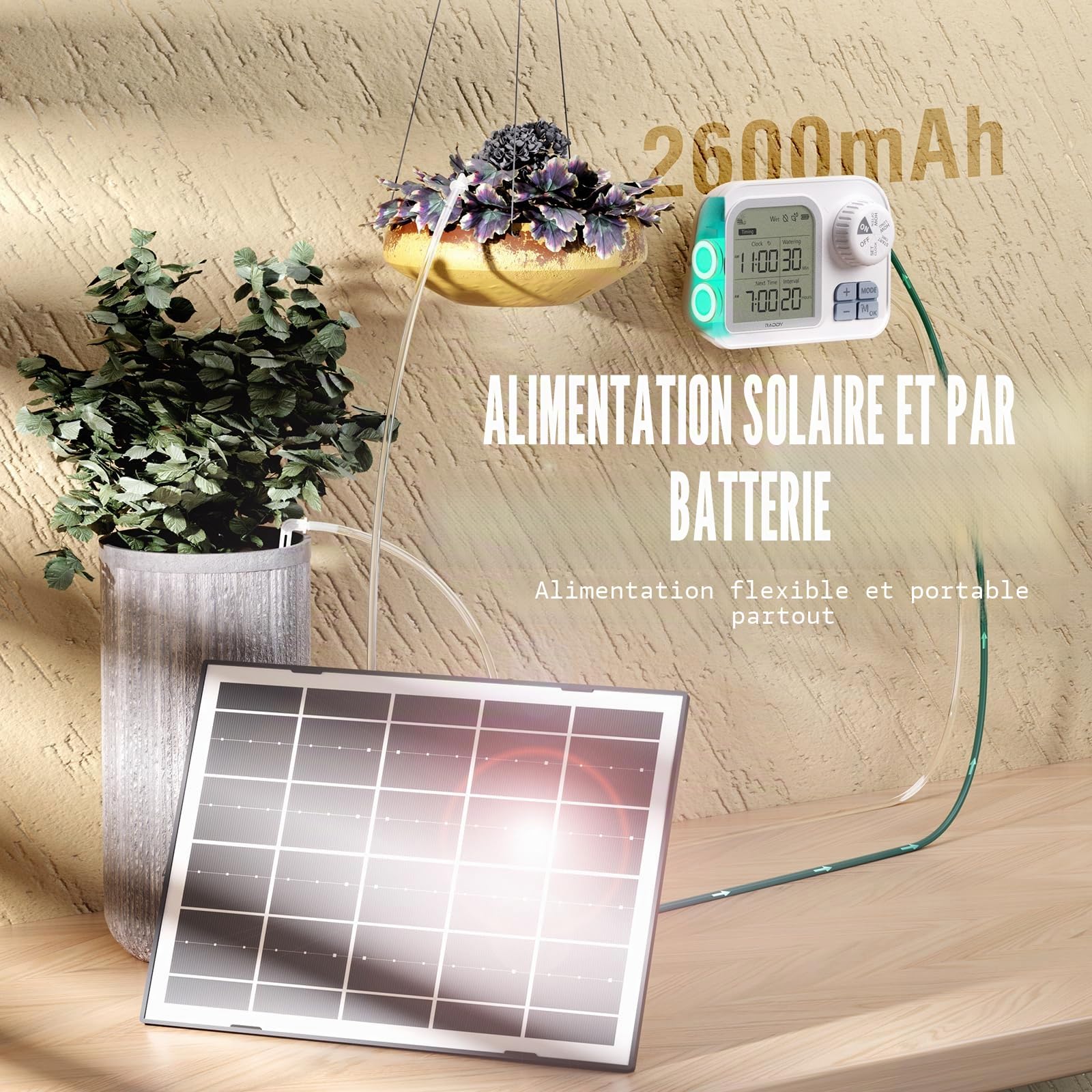 Raddy WS-74 Système d’Irrigation Goutte-à-Goutte Solaire WiFi, Arrosage Intelligent Automatique avec Capteur d’Humidité du Sol, Élévation 5 m pour Jardins Verticaux, Kit Vacances pour 15 Pots