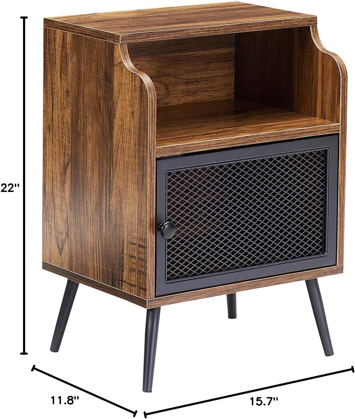 VECELO Modern Nightstand Set of 1, End Table with Storage Cabinet, Industrial Night Stand with Open Drawer Shelf for Living Room, Bedroom, Brown