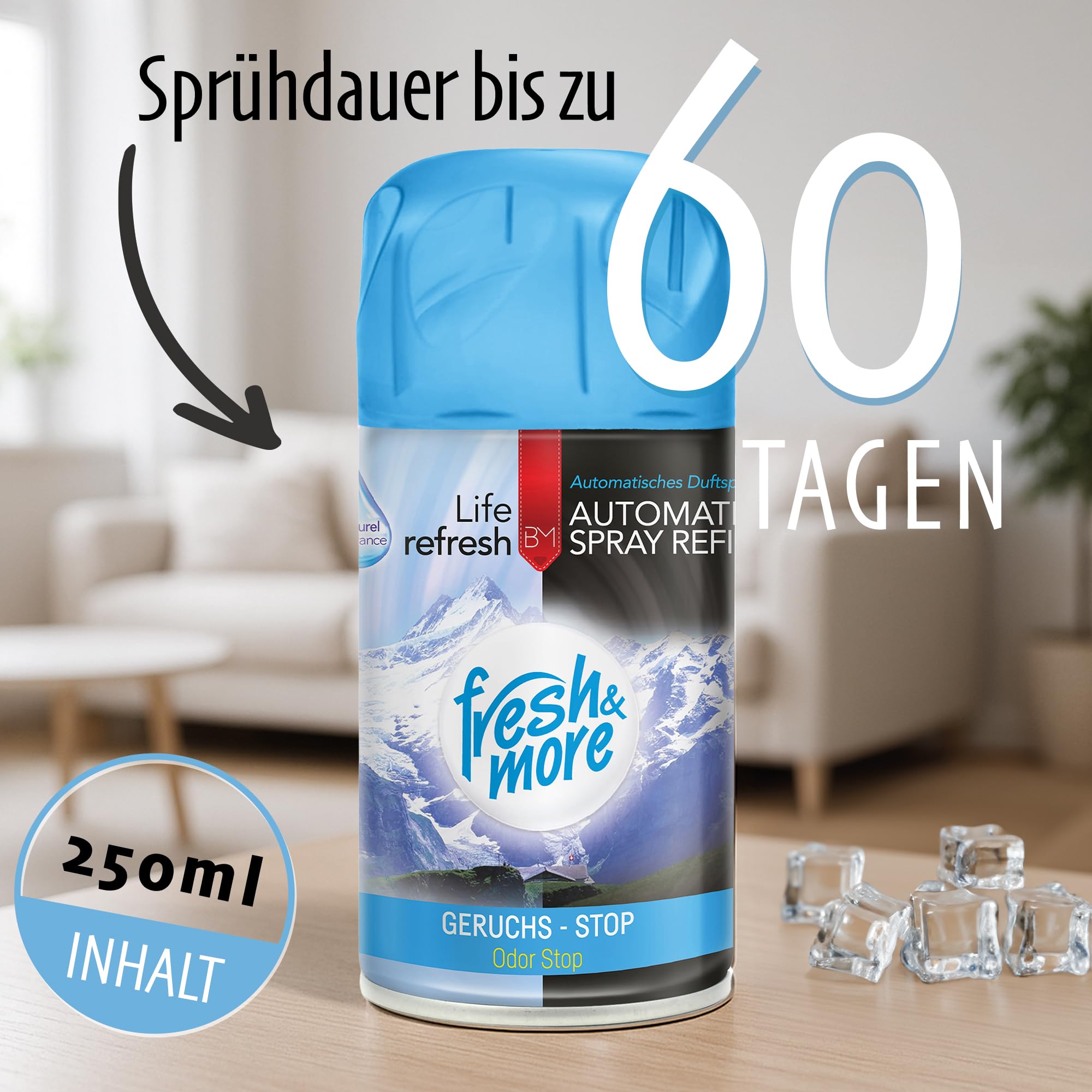 Fresh & More Lufterfrischer Nachfüller Geruchs-Stop 250ml (24er Pack) | Raumduft-Spray-Nachfüller, kompatibel mit Freshmatic Max, klar-frischer Duft