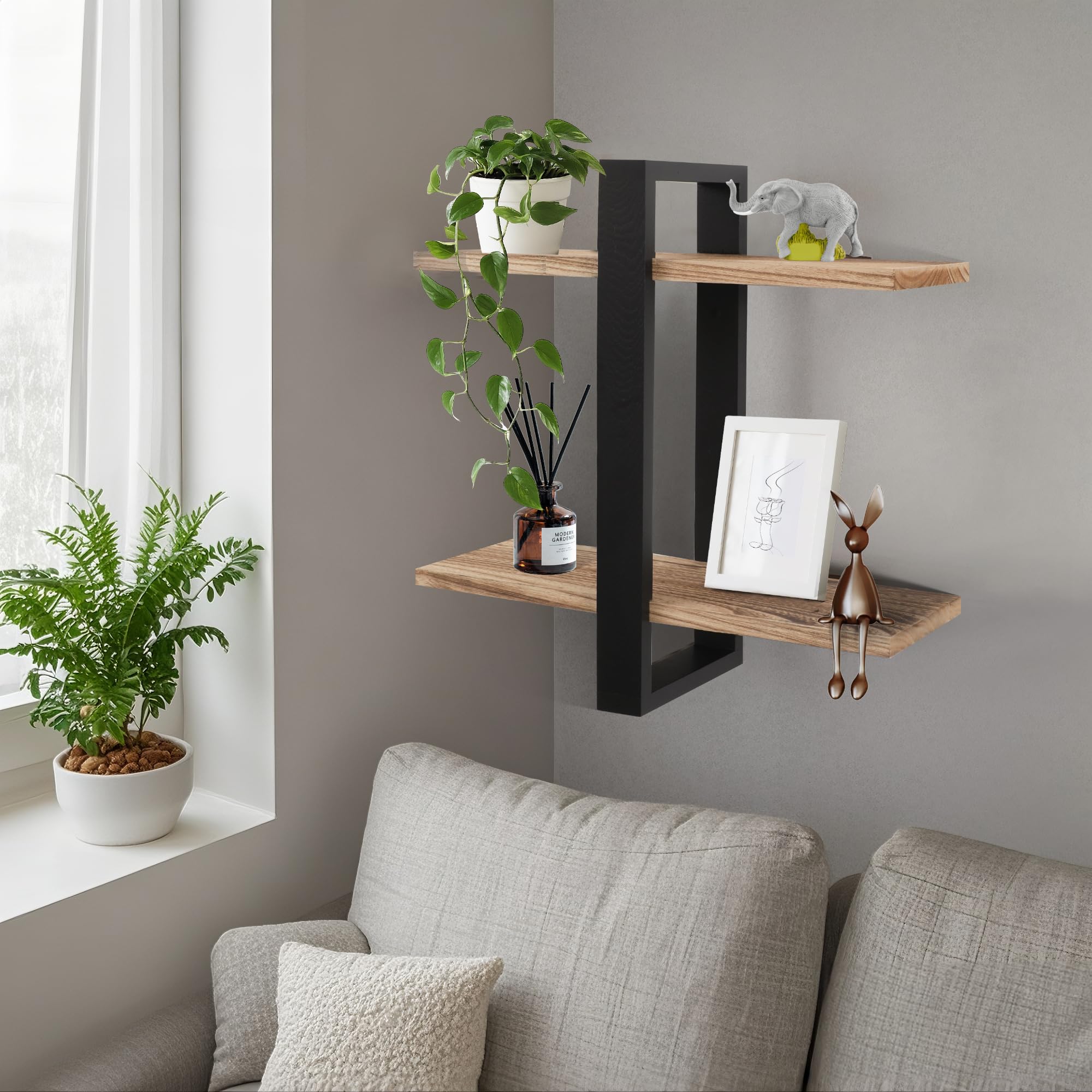 Lot de 2 étagères murales de rangement et de présentation pour salon, chambre à coucher, salle de bain, cuisine et bureau (noir + noir carboné)
