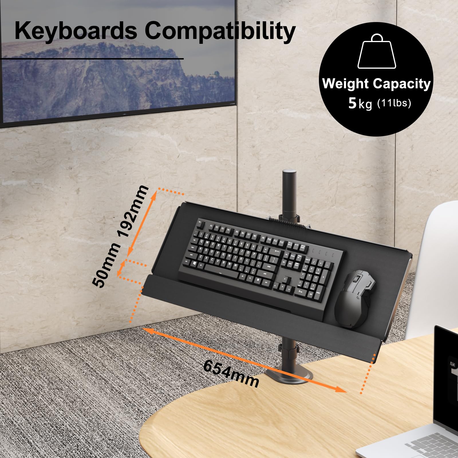 PUTORSEN Support de colonne pour tiroir clavier - Support pour clavier et souris convient à la plupart des claviers standard et surdimensionnés, inclinaison et rotation, supporte jusqu'à 1kg, noir