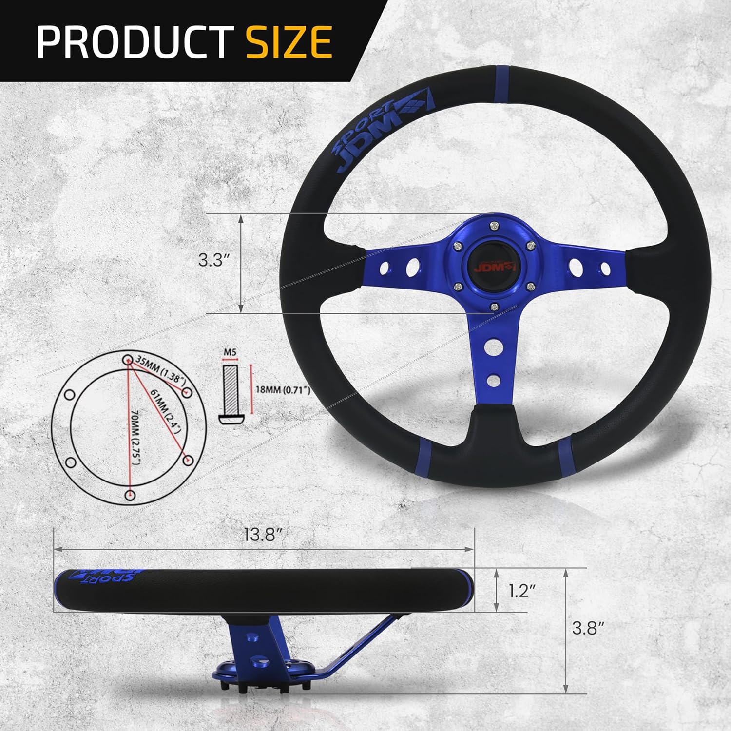 AJP Distributors Universal 350mm 14" Steering Wheel 6 Bolts Hole Black PVC Leather 3 Blue Stripe Light Weight Aluminum 3 Spoke Center Deep Dish Horn Button Grip Stance JDM VIP Sport