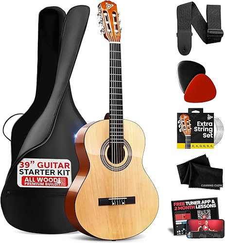 Pyle Beginner Acoustic Guitar Kit, 44 Full Size All Wood Instrument with Full Accessory Kit, Picks, Shoulder Strap, Carry Case, Cleaning Cloth,