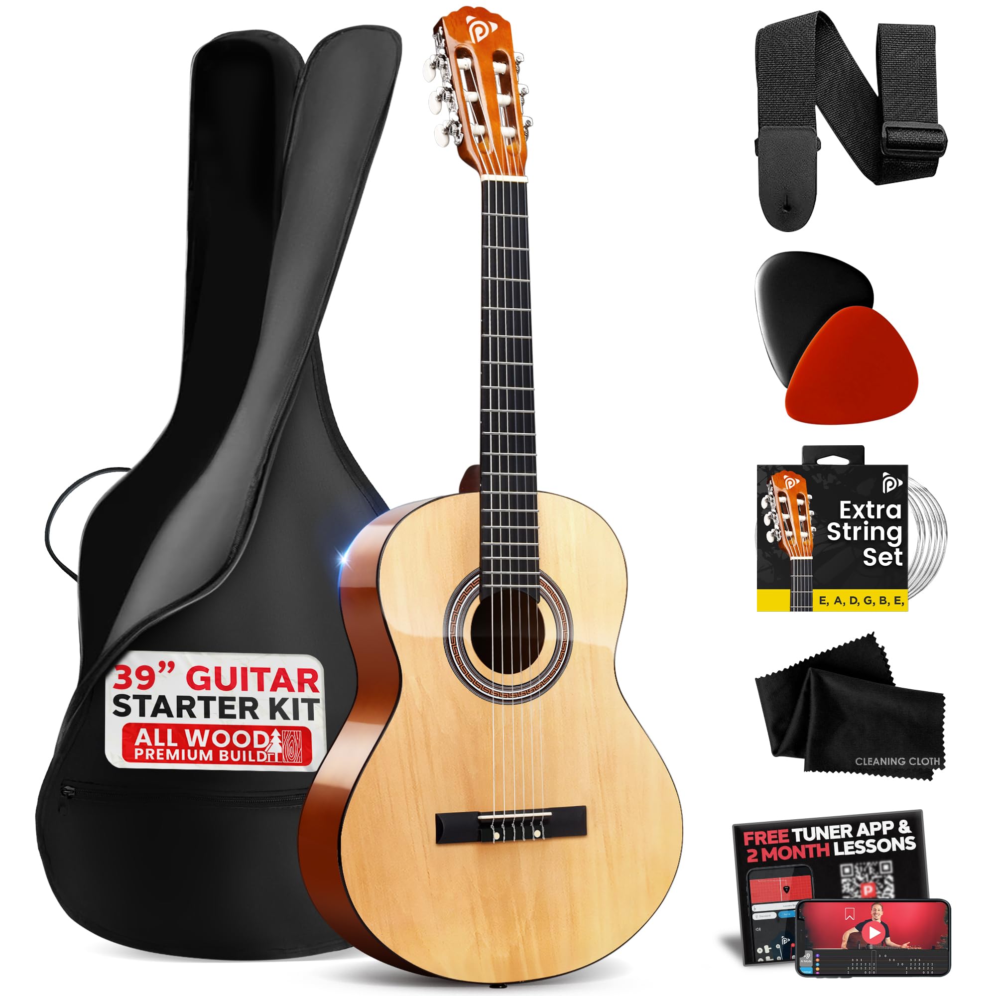 Pyle Beginner Acoustic Guitar Kit, 4/4 Full Size All Wood Instrument with Full Accessory Kit, Picks, Shoulder Strap, Carry Case, Cleaning Cloth, Tuner App, 2 Month Lessons, 39”