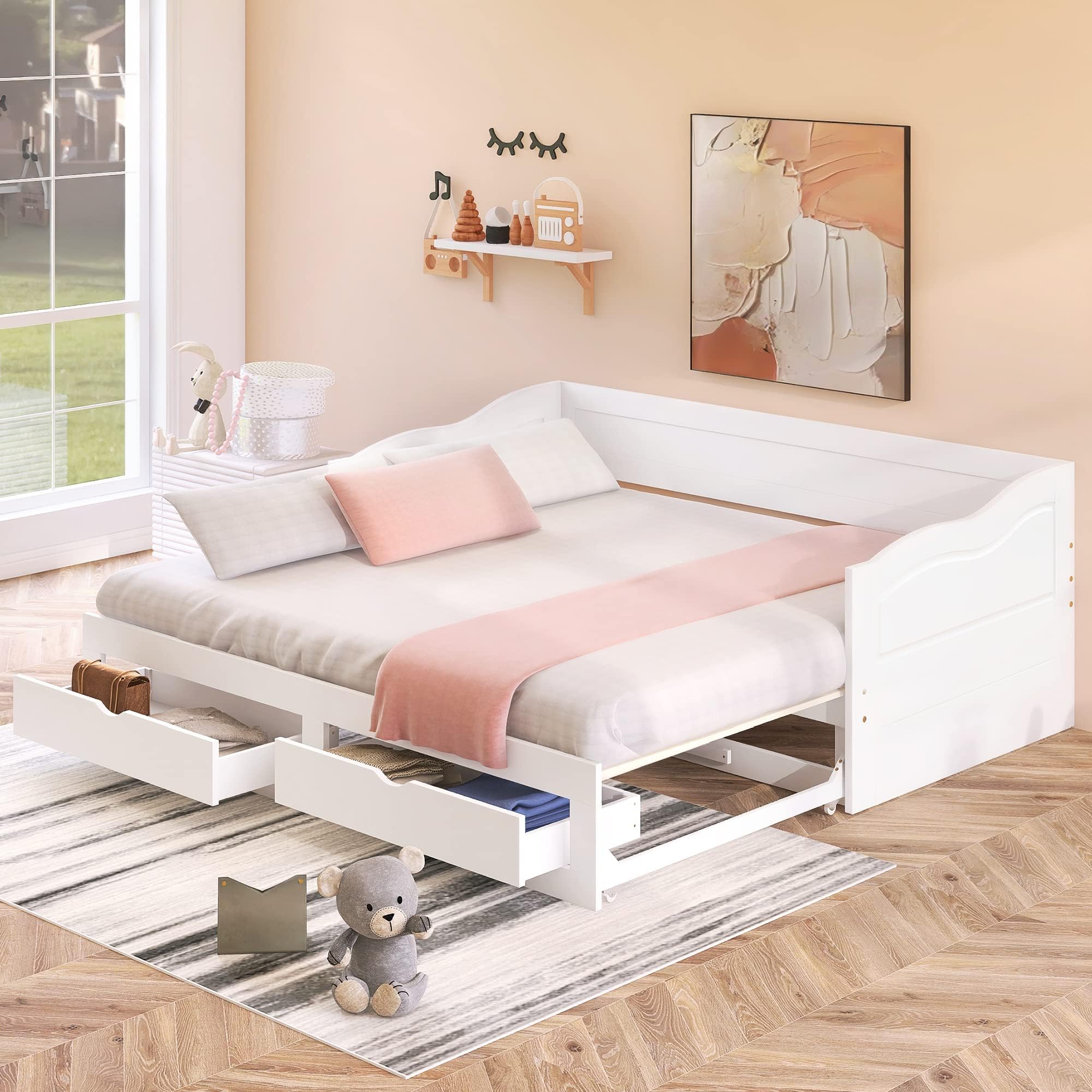 Extendable Daybed with Trundle Bed, Twin to King Daybed, Wooden Daybed Sofa Bed with Two Storage Drawers, Twin Size Daybed for Kid