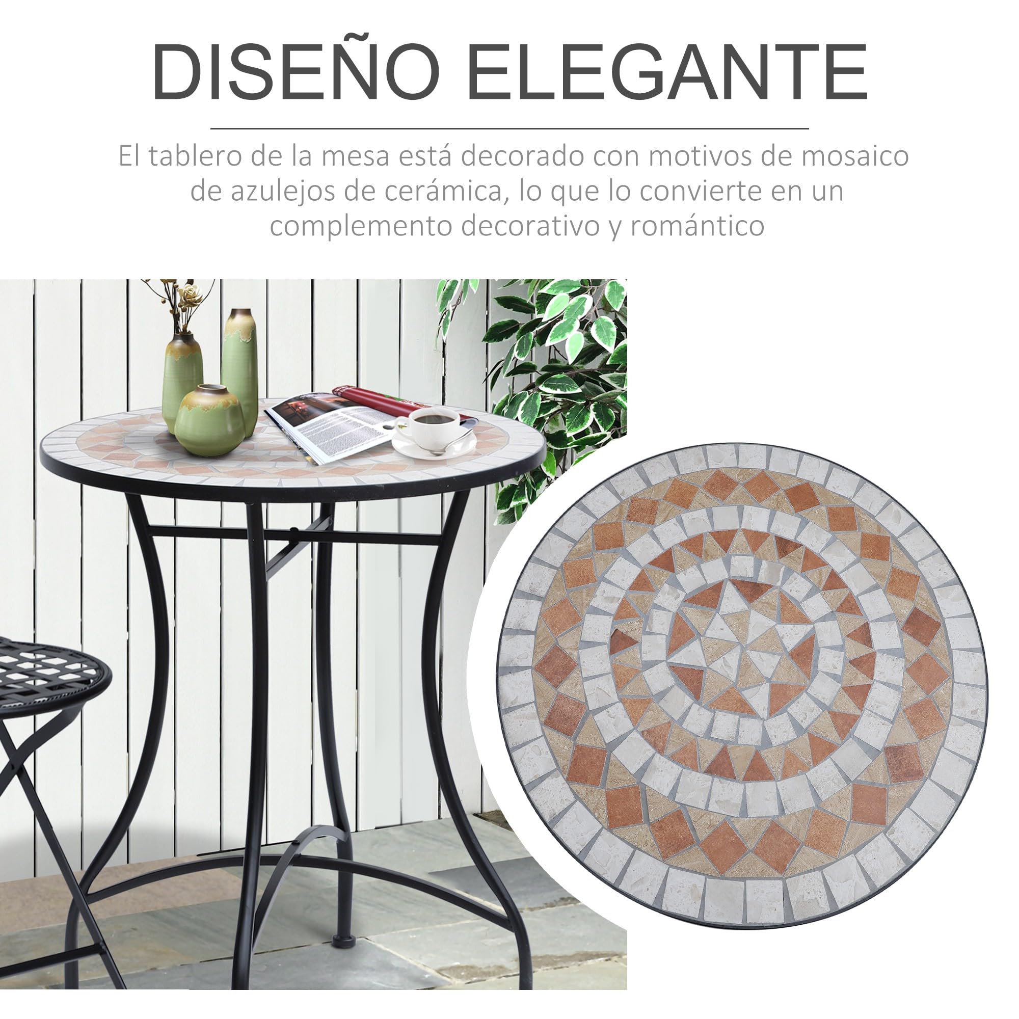 Outsunny Mesa de Jardín Mesa Mosaico Cerámica y Redonda Mesita de Café para Terraza Balcón Φ60x71cm