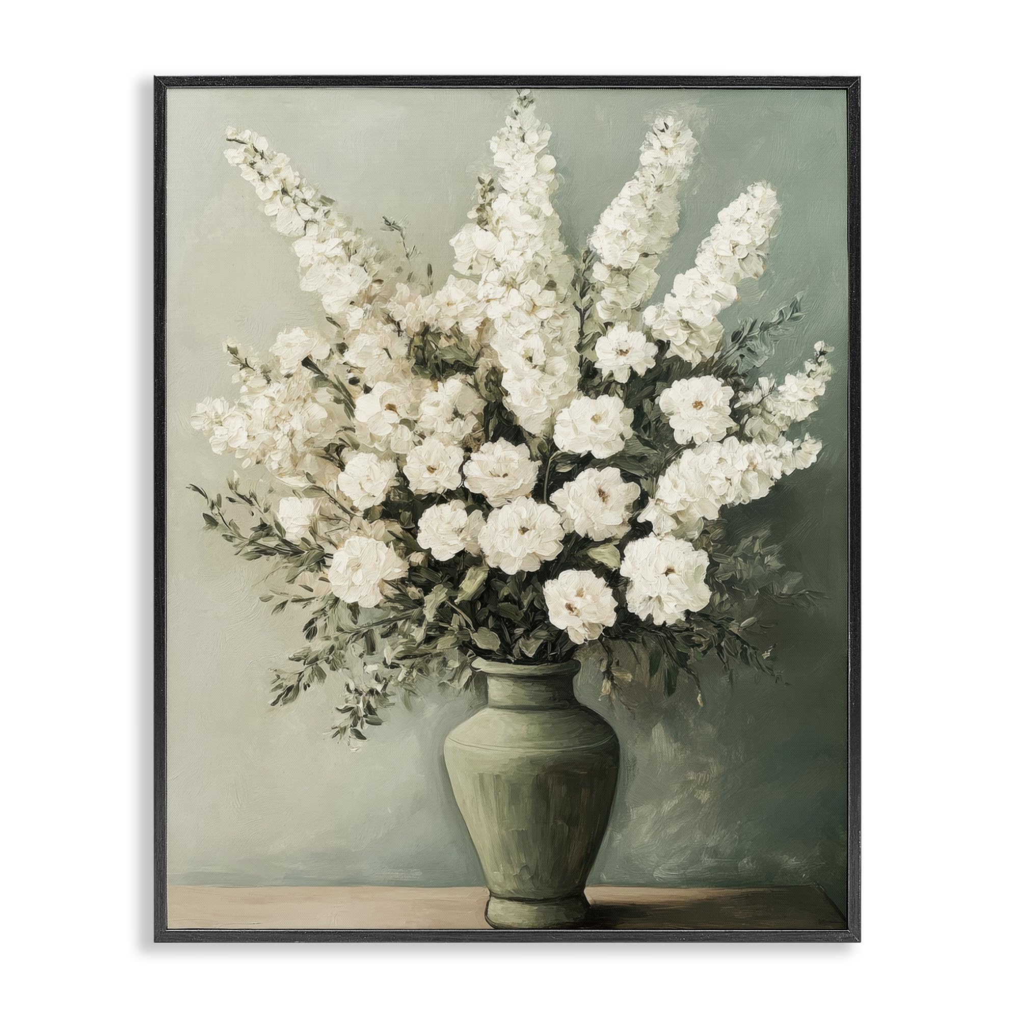 Fleurs blanches dans un vase vert giclée encadrée Stupell