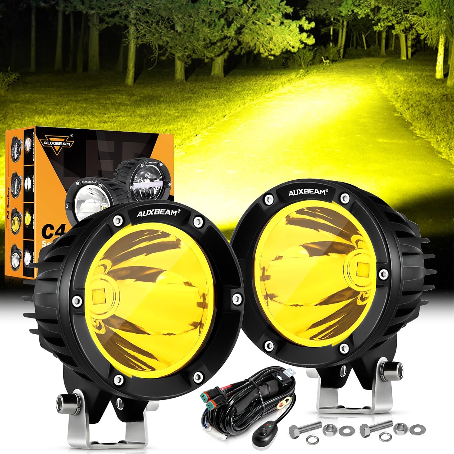 Auxbeam 4In 72W Amber Fog Light, Round Led Offroad Light, 2PCS 7200LM Amber Light Pod with Wiring Harness Kit, Super Bright Driving Light Yellow Spot Beam Light Bar for Jeep Motor SUV ATV UTV Wrangler