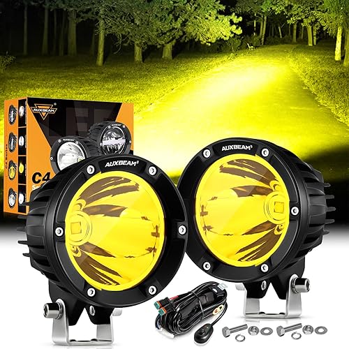 Auxbeam 4In 72W Amber Fog Light, Round Led Offroad Light, 2PCS 7200LM Amber Light Pod with Wiring Harness Kit, Super Bright Driving Light Yellow Spot Beam Light Bar for Jeep Motor SUV ATV UTV Wrangler