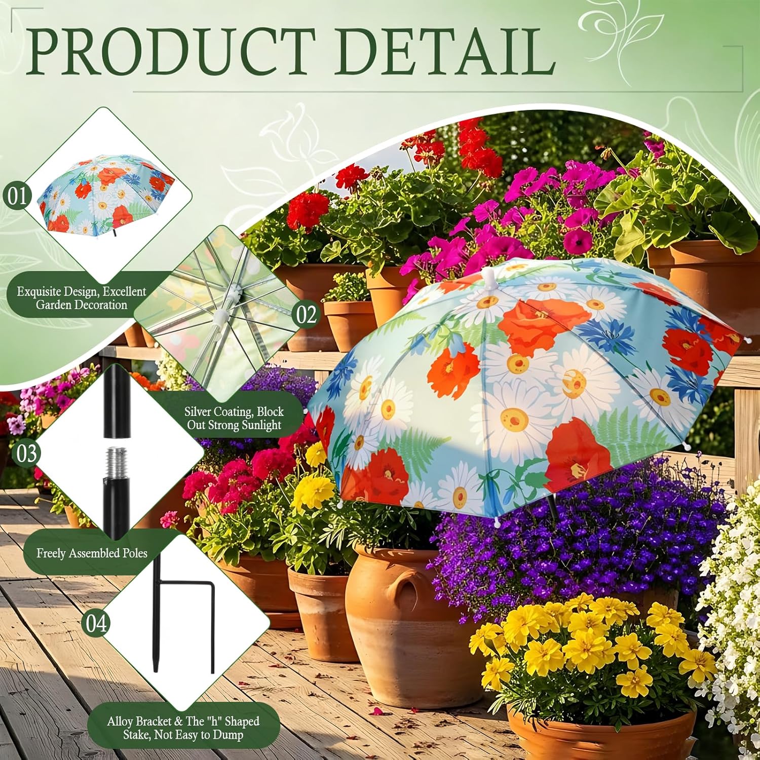 Hillban 6 Pack Plant Umbrellas for Outdoor Plants 23.6" Large Garden Umbrella Shade for Potted Flower with Adjustable 40" Height Sunshade Cover for Plants Flowers Garden Bed(Floral Pattern)