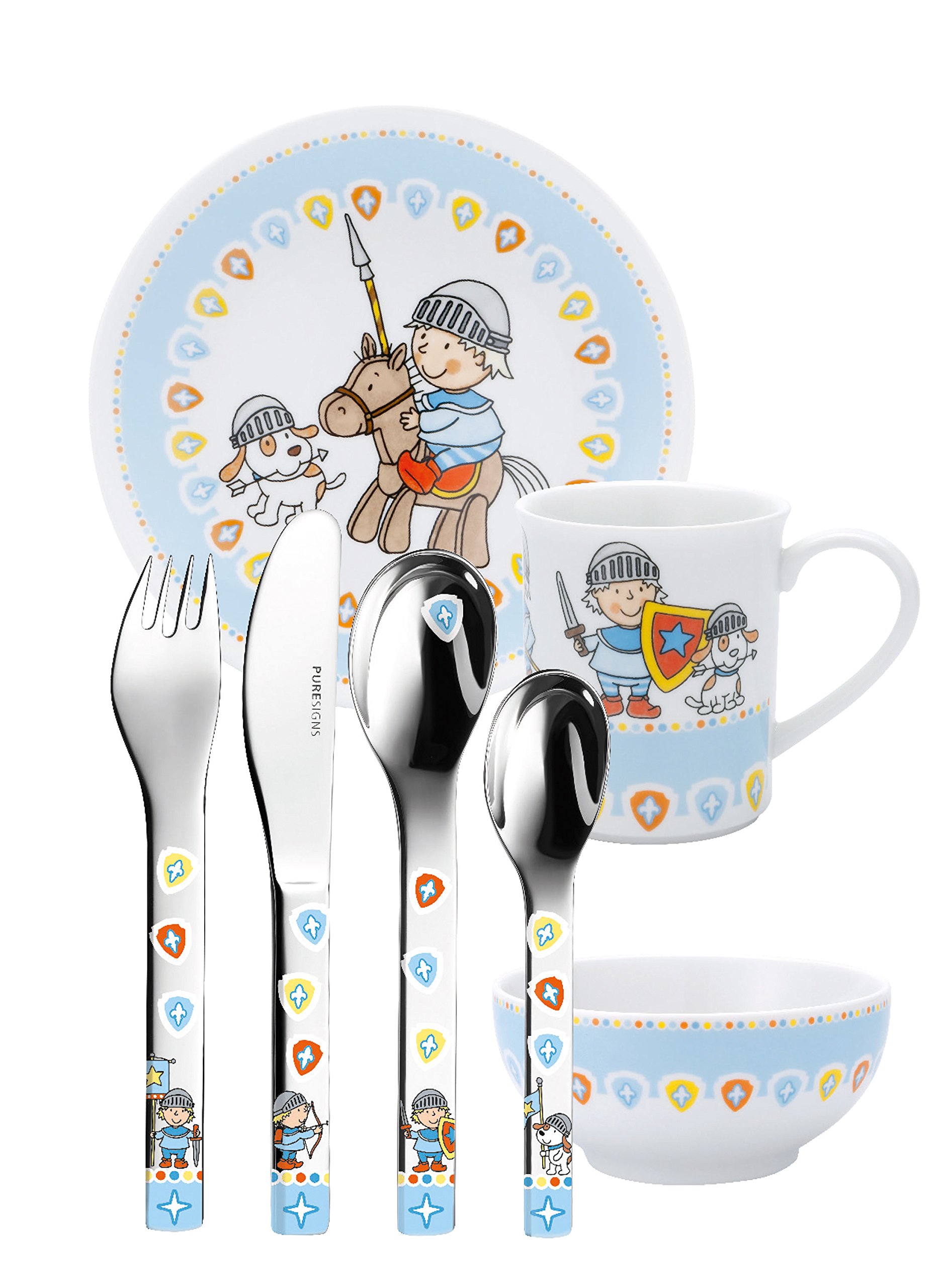 PURESIGNS Set Repas Enfant 7 Pièces MIKO Porcelaine et Acier Inoxydable 18/10