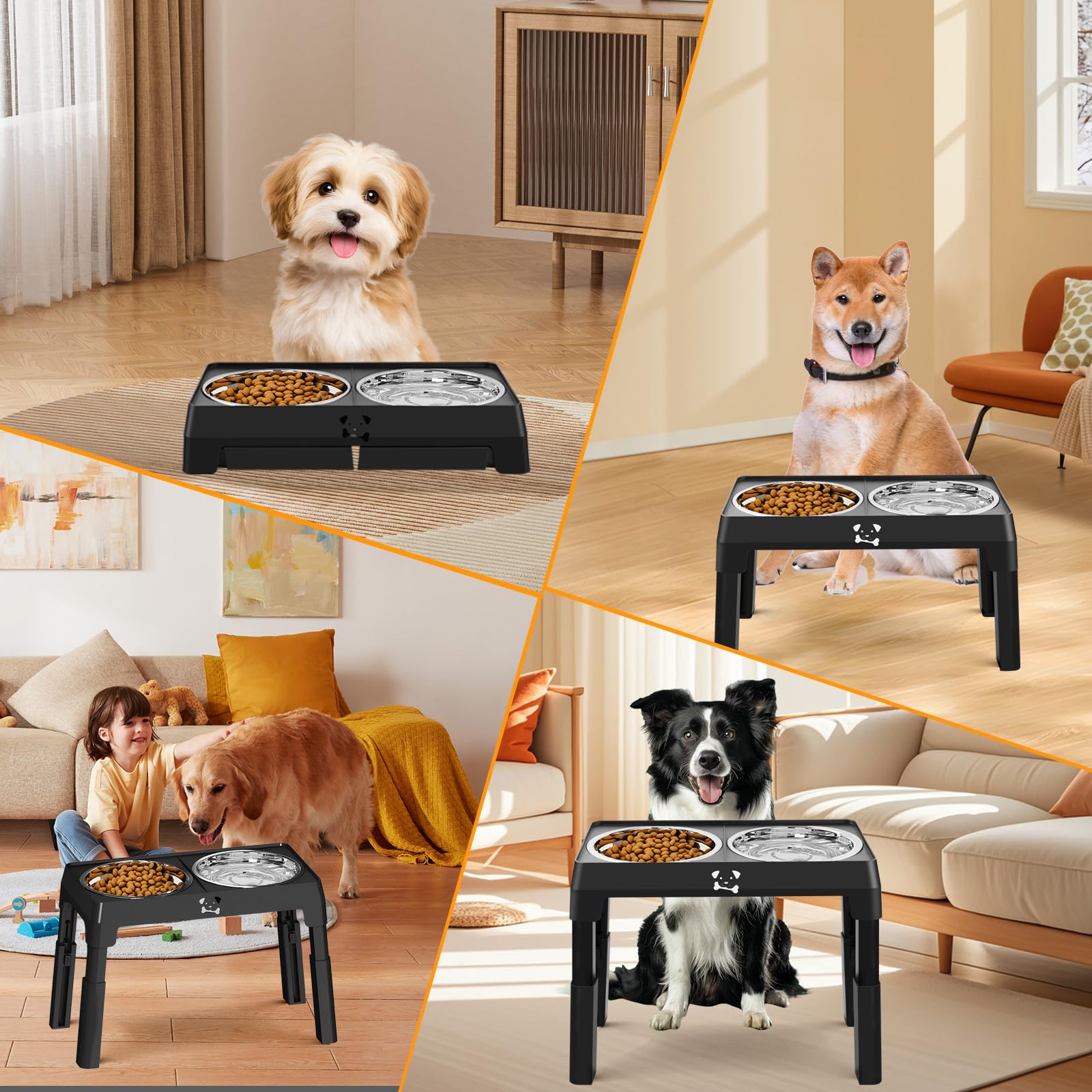 Comedero Perro Elevado de 5 Alturas Ajustables, con 2 Cuencos de Acero Inoxidable de 1,5L, Antideslizante y Plegable, Comederos Elevados para Perros Pequeños, Medianos y Grandes (Negro)