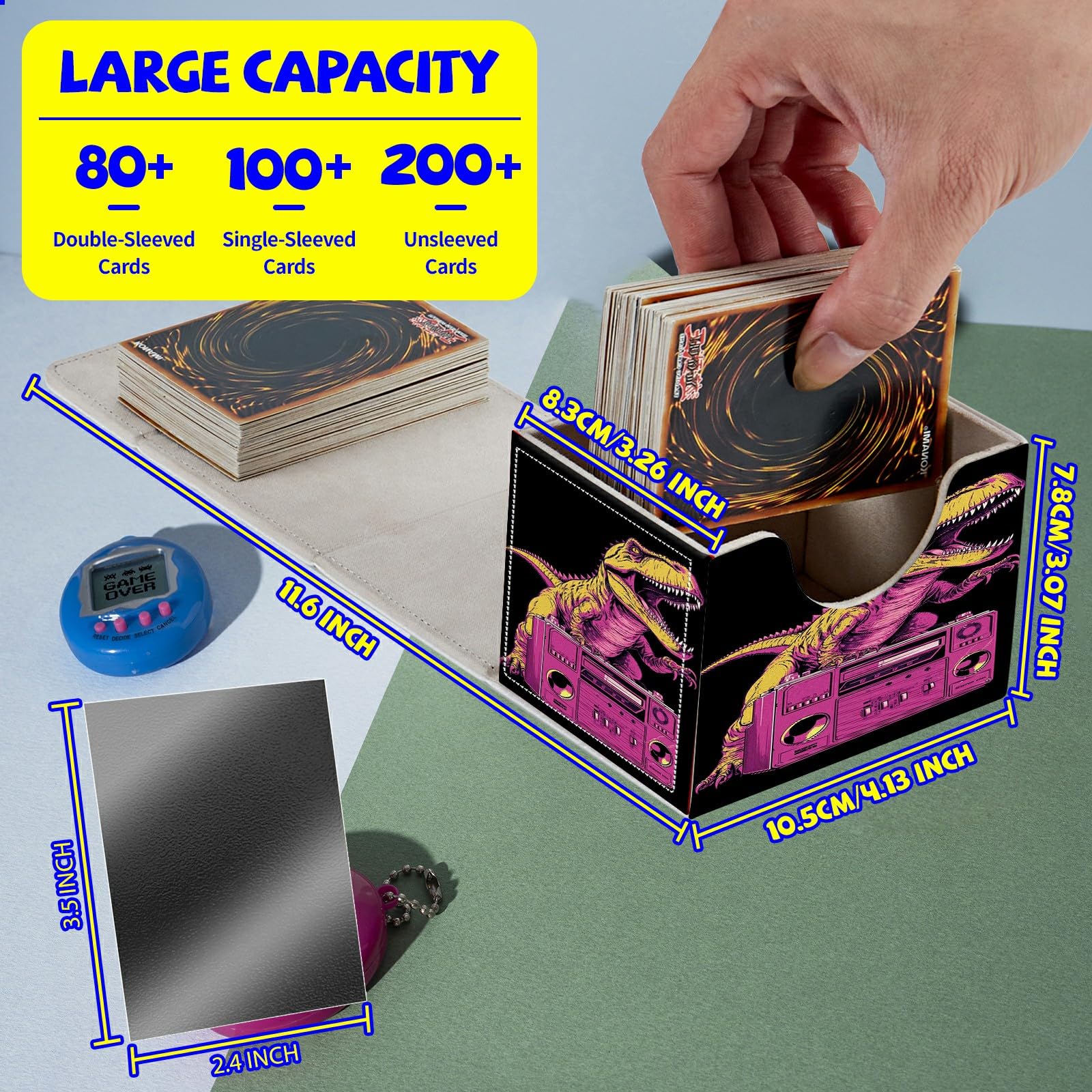 Card Deck Box Plus 100 Counts Matte Black Card Sleeves, Dinosaur Radio for Collectible MTG TCG CCG Card Storage Box Horizontal Holds 100+ Single Sleeved Cards, Leather Game Card Box Organizer