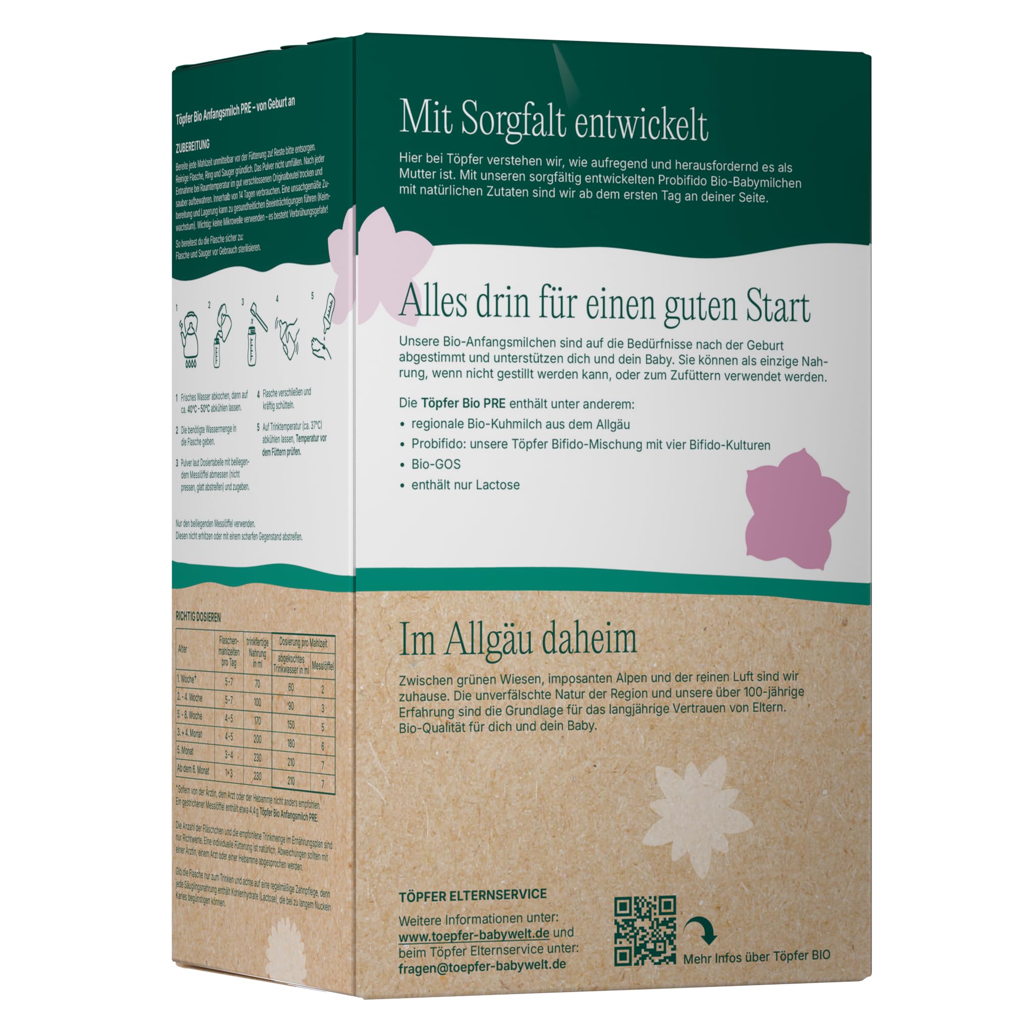 Töpfer Bio Anfangsmilch PRE Säuglingsanfangsnahrung ab Geburt 3x600g GOS Probifido ARA DHA Algenöl
