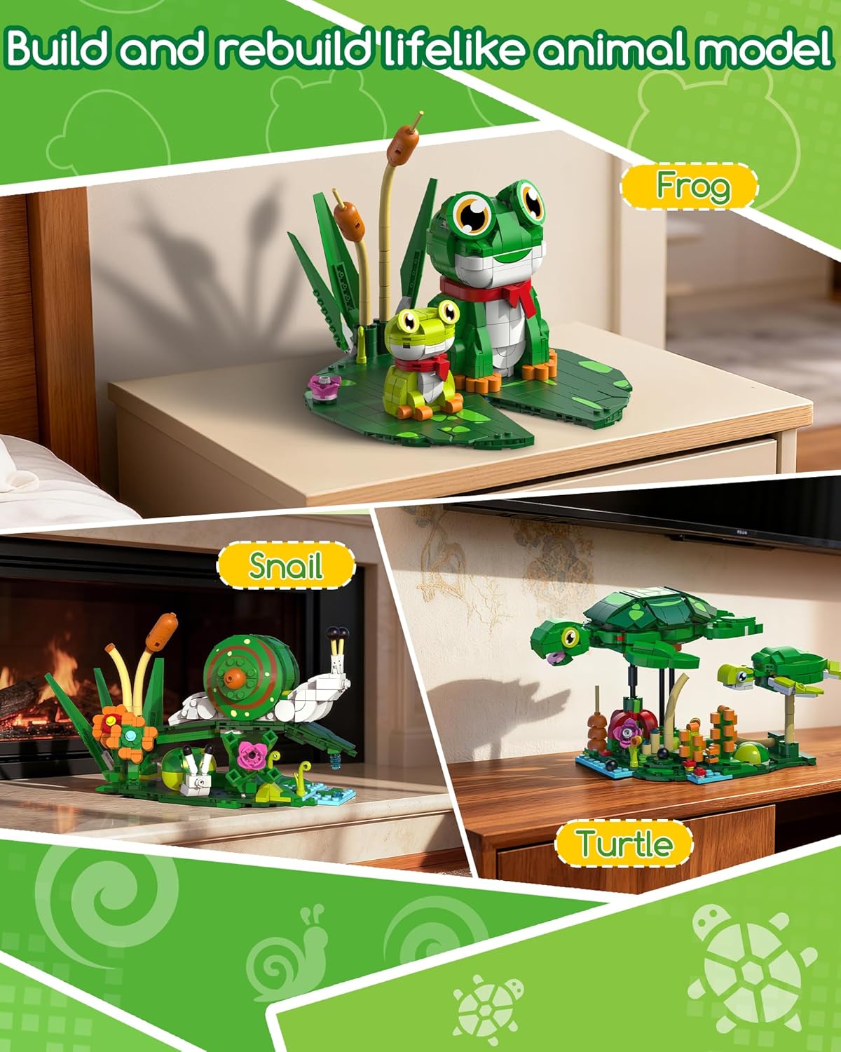 3 in 1 Animals Frog Family Building Set - Animal Figures with 3 Building Options, Create Frog, Turtle or Snail Family - Educational Toy Birthday Gift for Girls and Boys Ages 6+