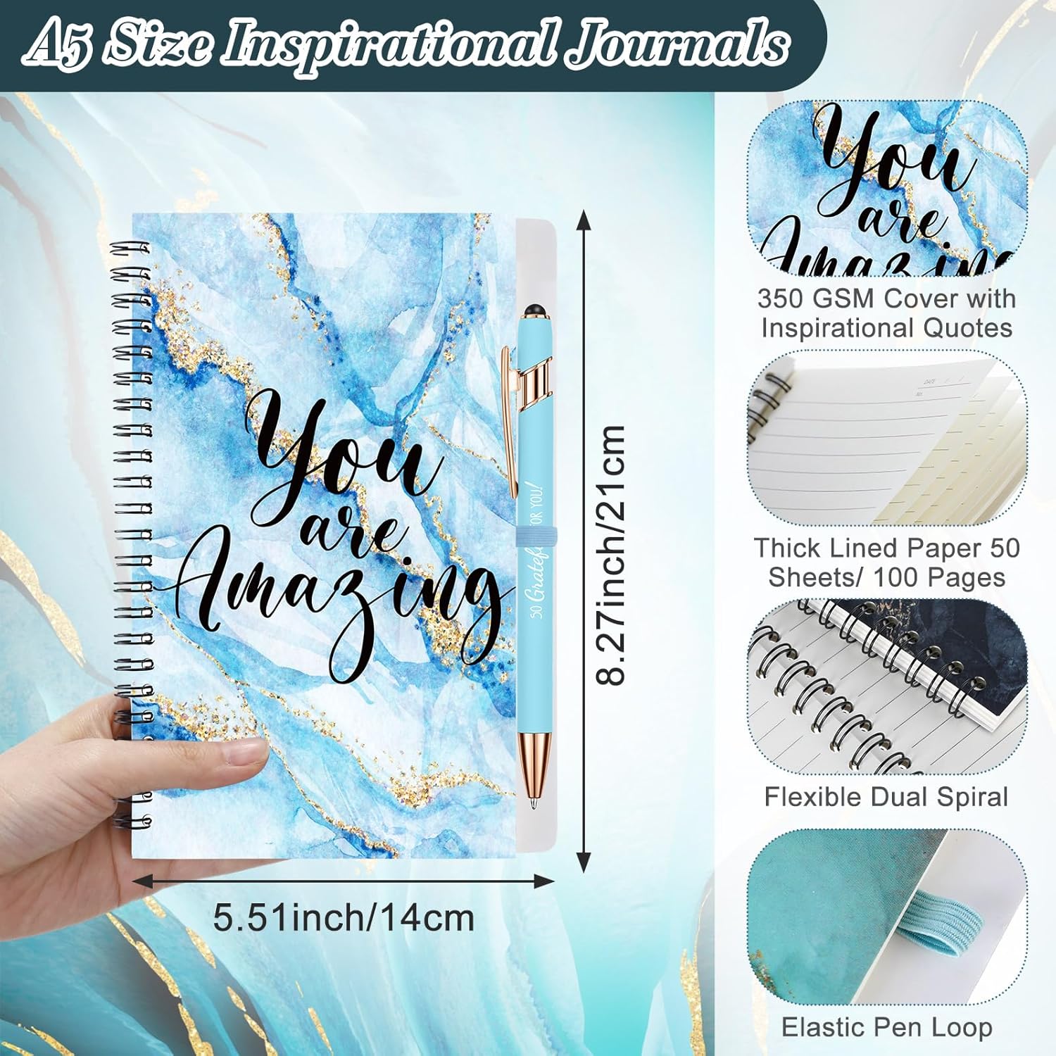 Glenmal 60 Pcs Thank You Gifts Inspirational Spiral Notebooks with Motivational Retractable Ballpoint Pens Employee Appreciation Gift for Coworker Teacher Volunteer, Marble Coil Notepads 5.51" x 8.27"