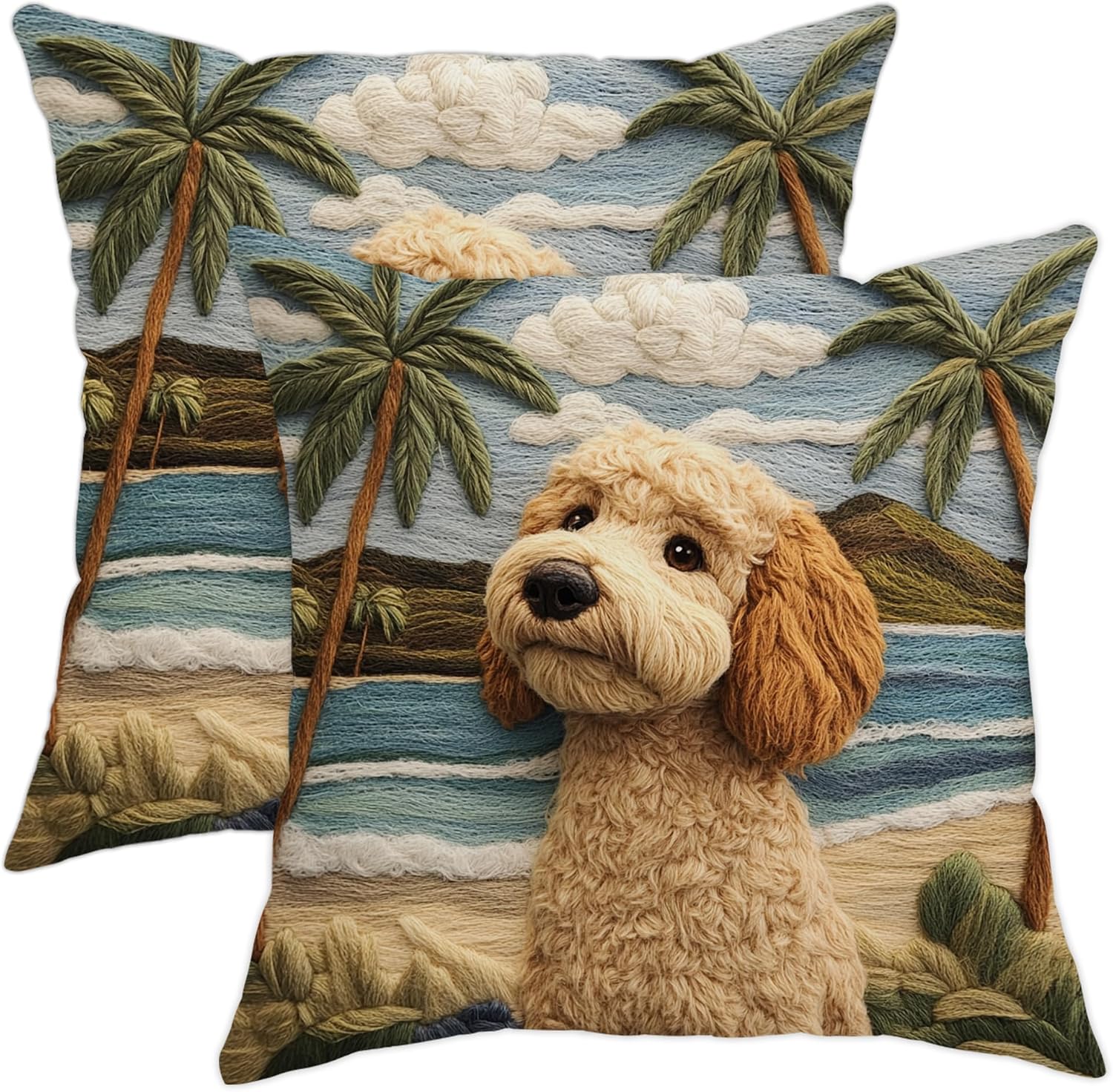 Unique Golden Doodle Dog Throw Pillow Covers 16x16 Set of 2, Soft Hawaii Beach Palm Tree Pillow Cases Kit with Zipper, Pet Velvet Decor for Couch Sofa Living Room Bed