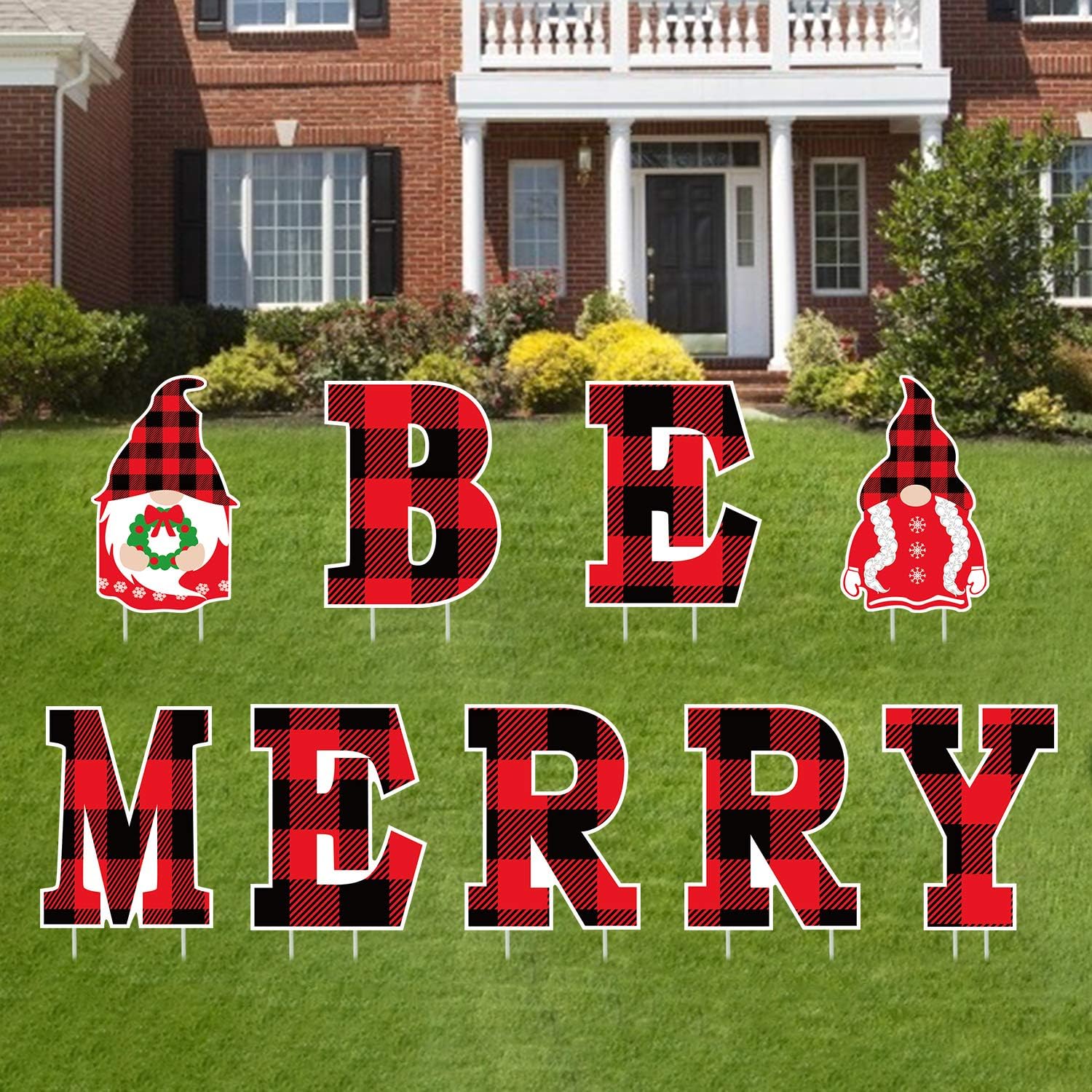 Tifeson Merry Christmas Yard Sign Outdoor Lawn Decorations Gnome Yard Signs- BE MEERY Letter Christmas Holiday Decor- Red and Black Buffalo Check Plaid Style