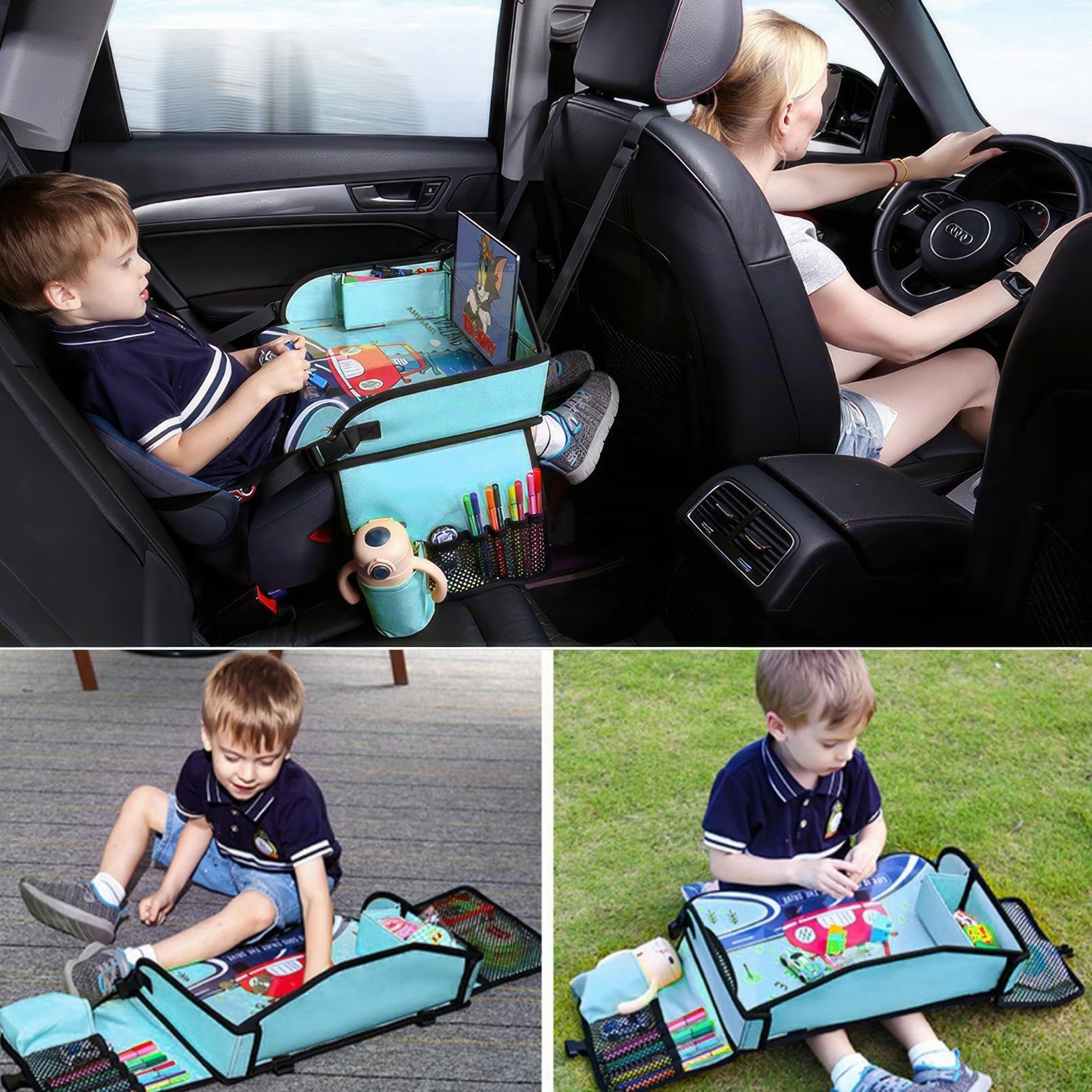 Plateau de siège de voiture pour enfants, plateau de voyage pour tout-petits, avion, plateau de voiture pour enfants essentiels de voyage sur la route (bleu clair)