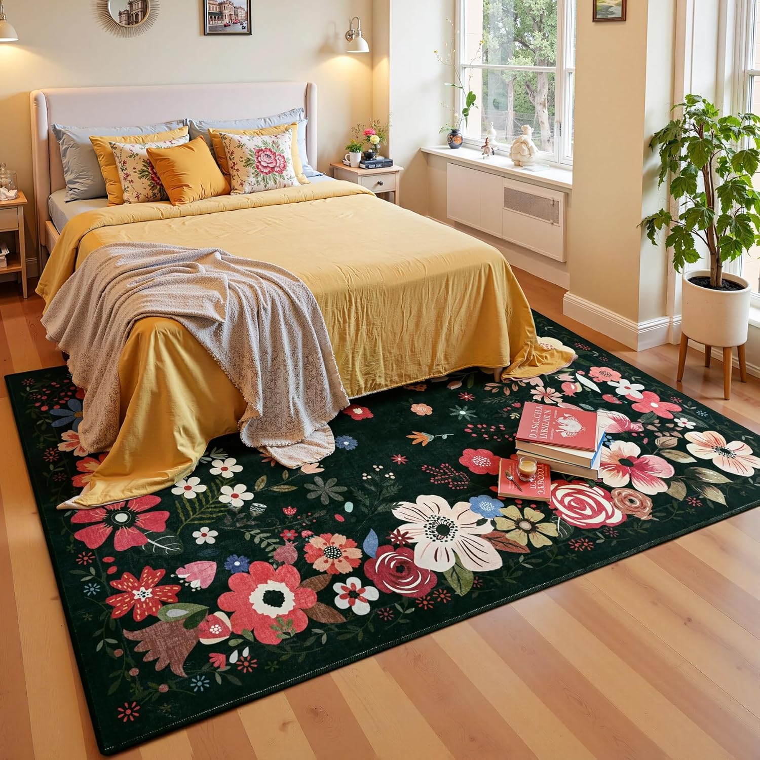 Vasofe 5x7 Rug for Bedroom,Washable Rugs for Living Room, Dining Room, Indoor Floor Mat, Floral Printed Mats for Nrusery, Farmhouse, Laundry Room,Non Slip Low Pile Soft Modern Carpet, Black