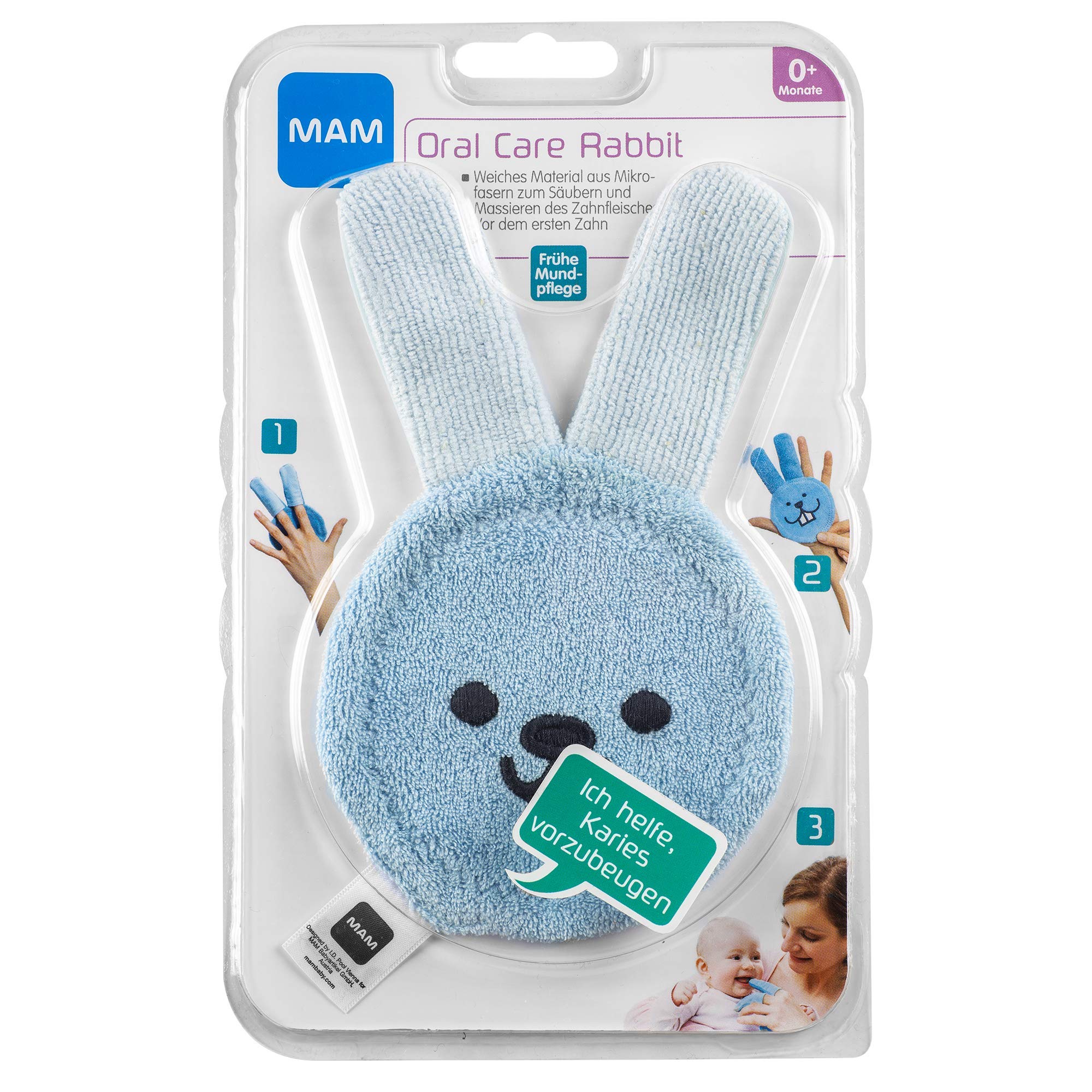 MAM Oral Care Rabbit dla niemowląt, pierwsza higiena jamy ustnej, delikatna pielęgnacja zębów z miękkiego materiału z mikrofibry, dzieci przyzwyczajają się do codziennego mycia jamy ustnej, od 0+ miesięcy, kolor niebieski