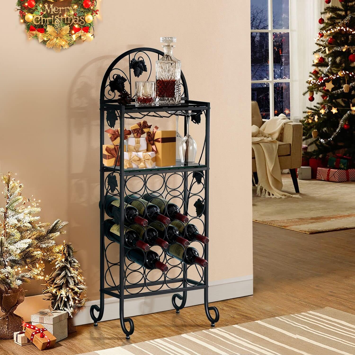VECELO 20 Metal Wine Rack Table, Freestanding Floor Bottles Bar Storage & Display Holder, with Marble Finish, Black Glass Top : Home & Kitchen