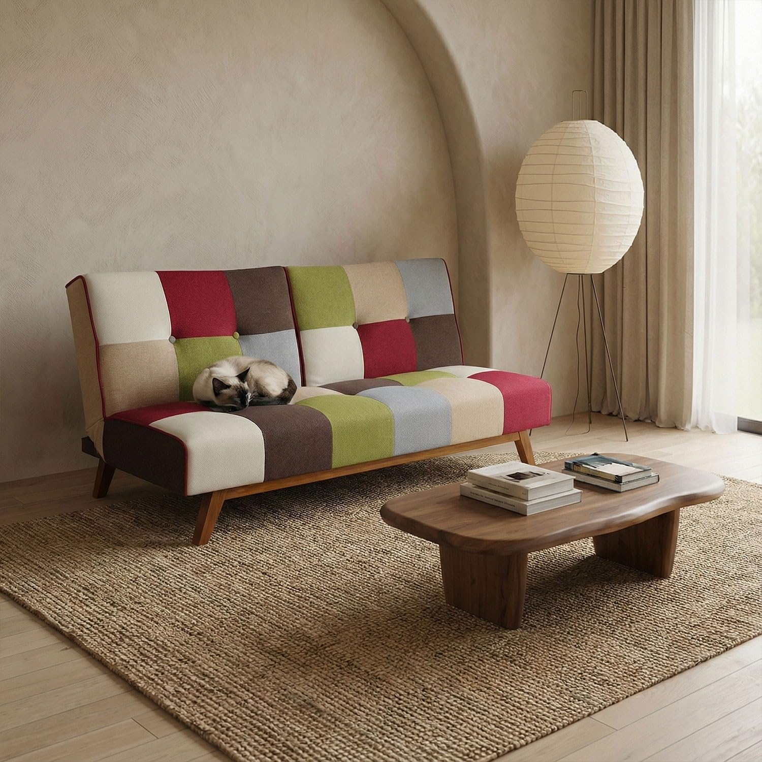 Menzzo Canapé Convertible 3 Places - Scandinave Multicolore - Canapé Clic-Clac avec Revêtement en Tissu et Pieds en Bois - Style Moderne & Confortable