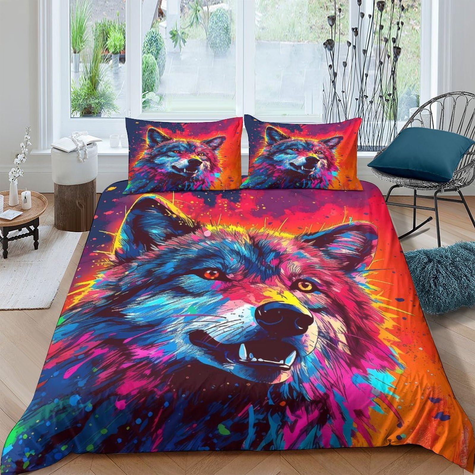 Ctjqhvkz Style-1 3D Printed Colorful Wolf Fitted Sheet Microfiber Soft Anti-Slip Abstract Animal Mattress Cover For Bedroom Home Decor Single（135X200cm）