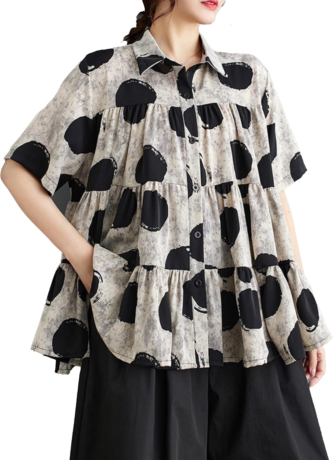 ellazhu Women's Short Sleeves Polka Dot Floral Print Casual Button Down T-Shirt GZ167