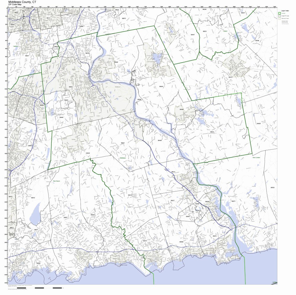 Middlesex County, Connecticut CT ZIP Code Map Not Laminated Office Products