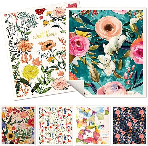 Paquete de 6 paños de cocina, paños suecos reutilizables para secado rápido, divertidos paños de esponja lavables, pájaros florales
