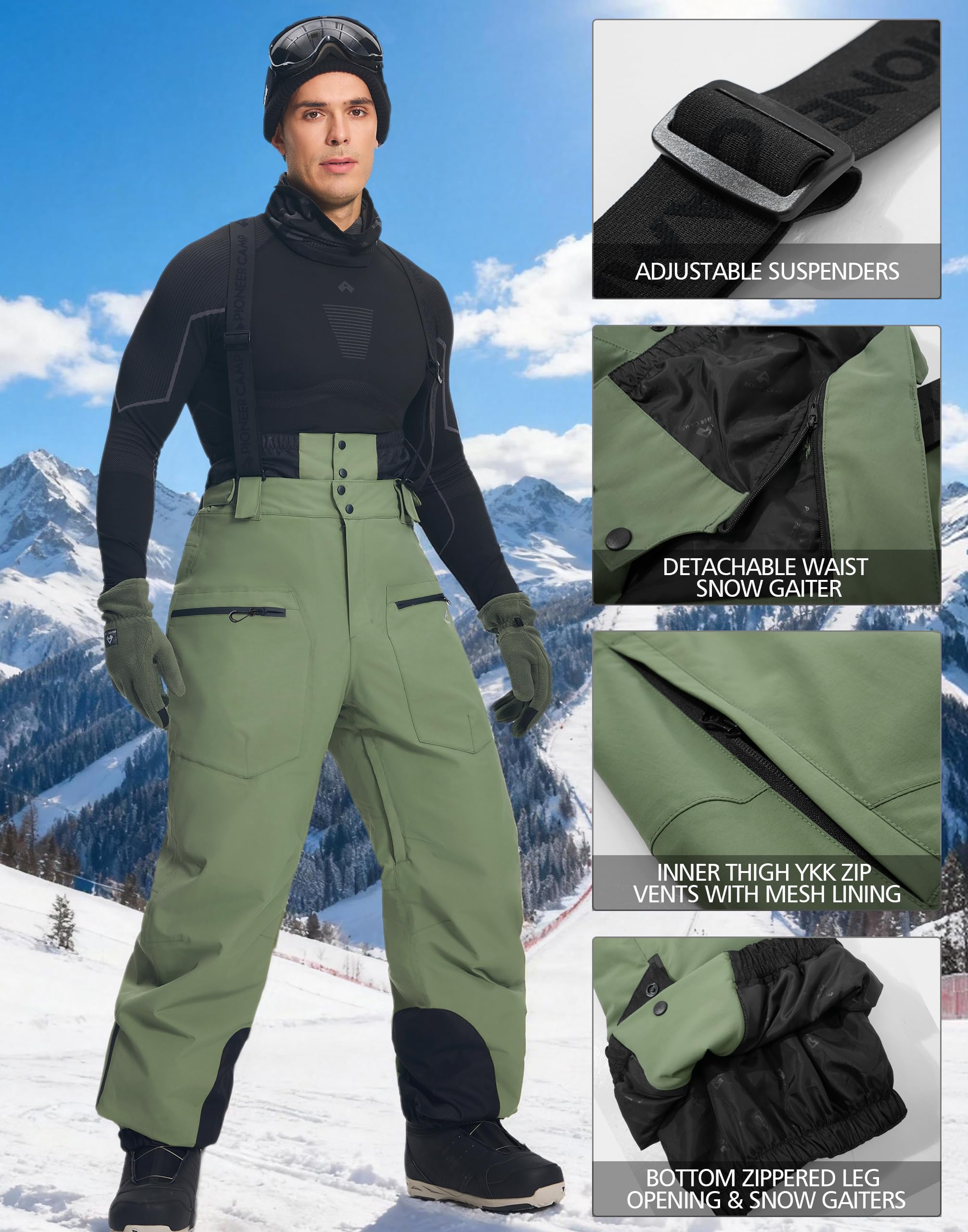 Pioneer Camp Męskie spodnie narciarskie Baggy wodoszczelne 15000 mm – spodnie narciarskie z regulowanymi ramiączkami i wentylacją – spodnie snowboardowe męskie na głęboki śnieg – oddychające 7000 g/㎡