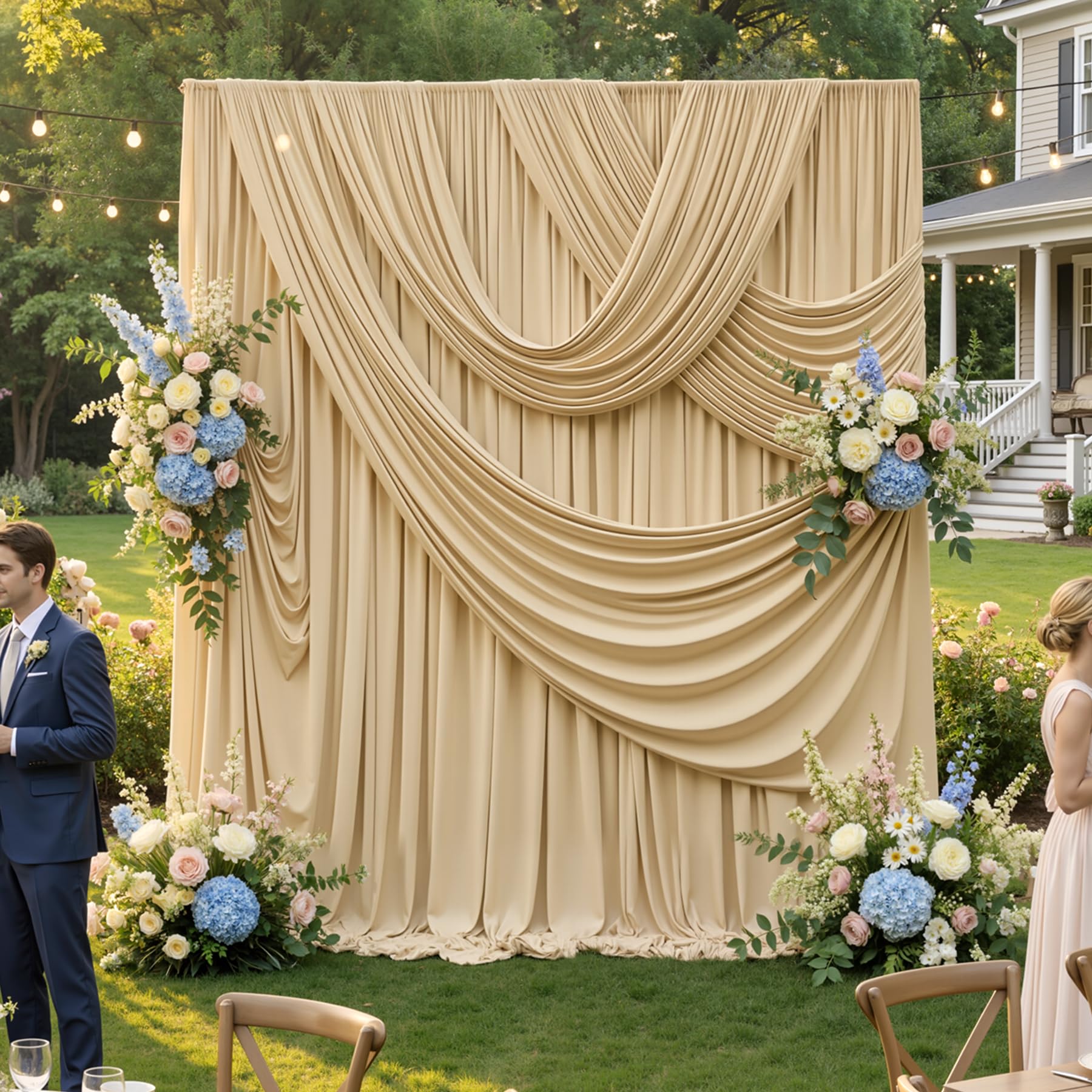 Photo 1 of 10ftx12ft Wrinkle Free Champagne Backdrop Curtain, 2 Panels 12FT Height Champagne Drapes for Wedding Backdrop, Silky Polyester Photo Back Drop Cloth for Birthday Party Photography Background