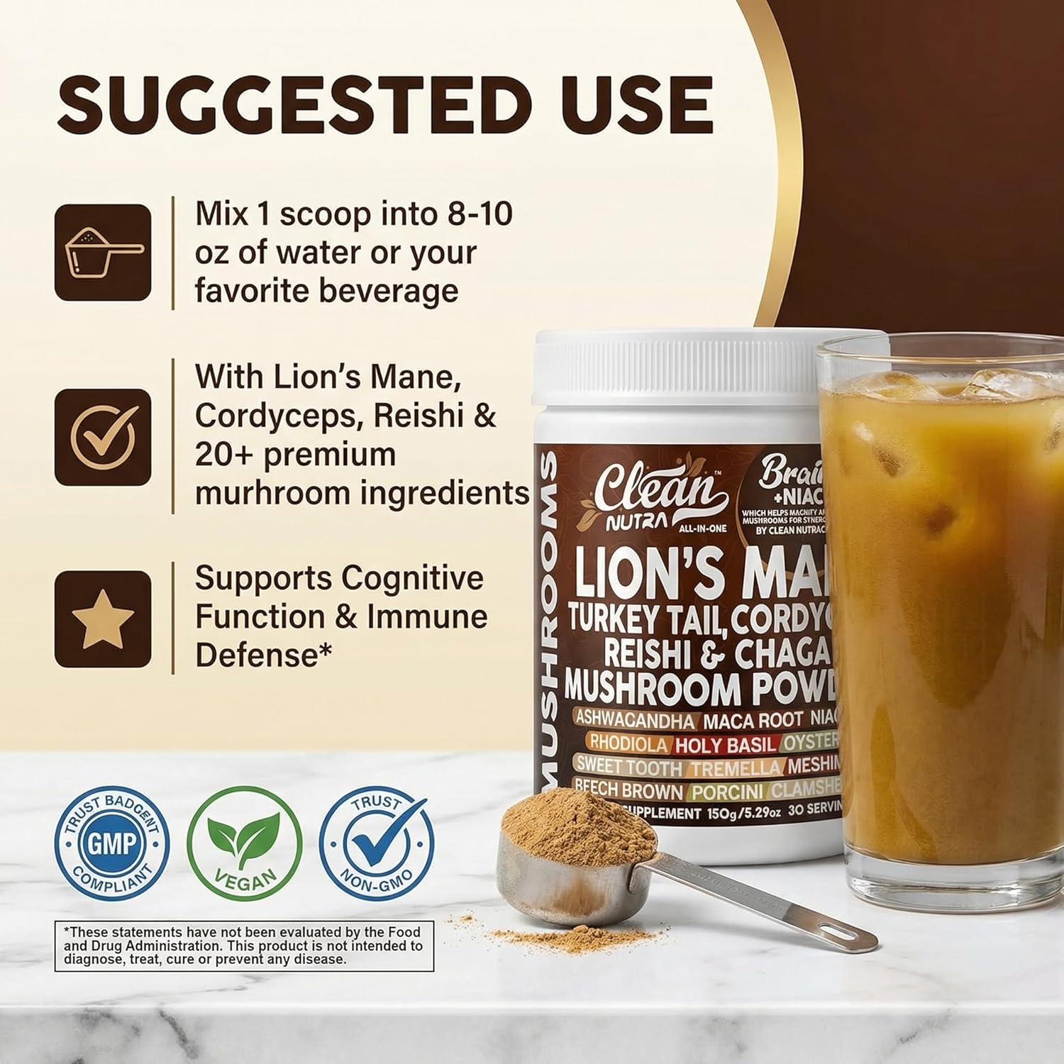 Clean Nutra Lion's Mane Turkey Tail Cordyceps Reishi Chaga Mushroom Powder + Ashwagandha Niacin Calm Stress Memory Adrenal Support Supplements Maca Rhodiola Holy Basil Apaptogen Supplement Unflavored