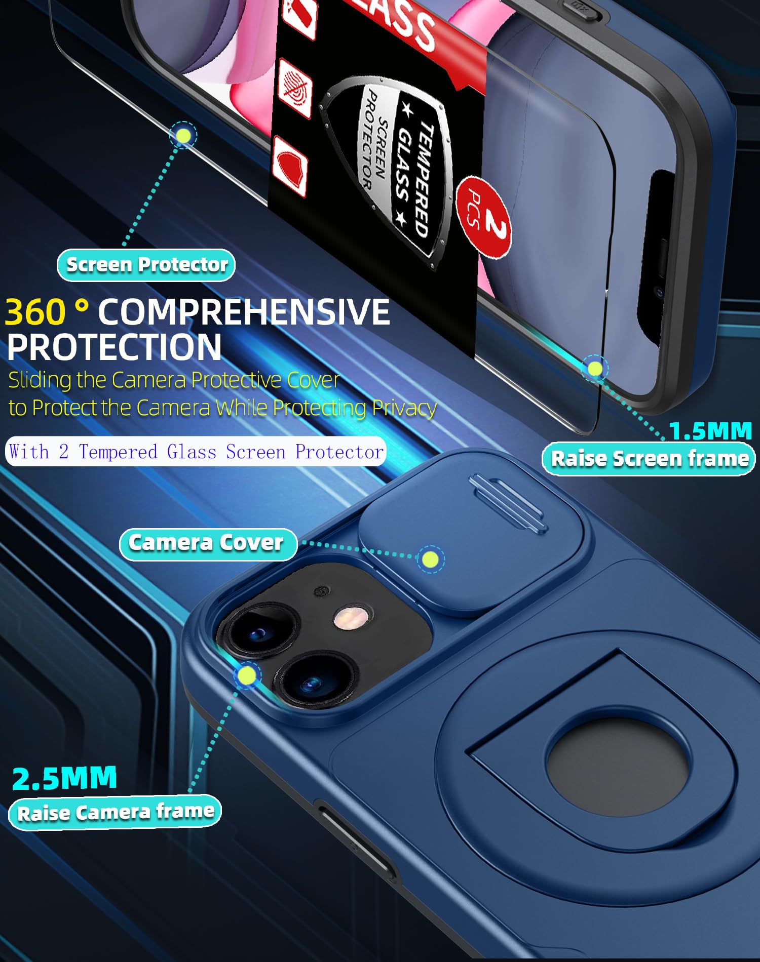 FRLMOOES for iPhone 11 Case/for iPhone XR Case Magnetic Compatible with MagSafe Wireless Charging,with 2 Screen Protectors,with Kickstand Ring+Camera Cover Shock-Absorbent Heavy Duty Protection Blue - Image 3