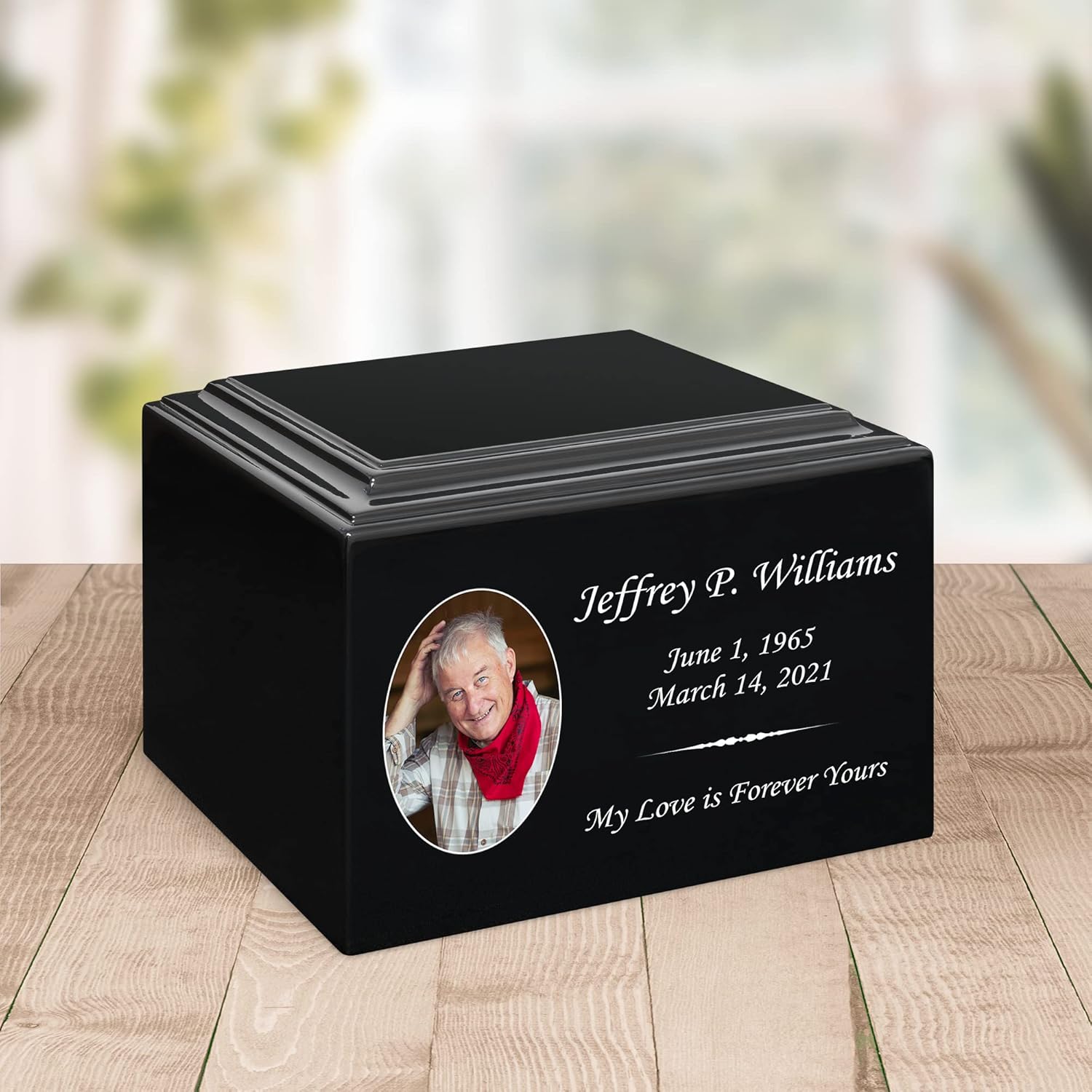 Stonewood Medium Engraved Custom Photo Cremation Urn for Human Ashes - Composite Wood Cremation Urn for Adult Ashes - 110 Cubic Inch Capacity - Personalization Included