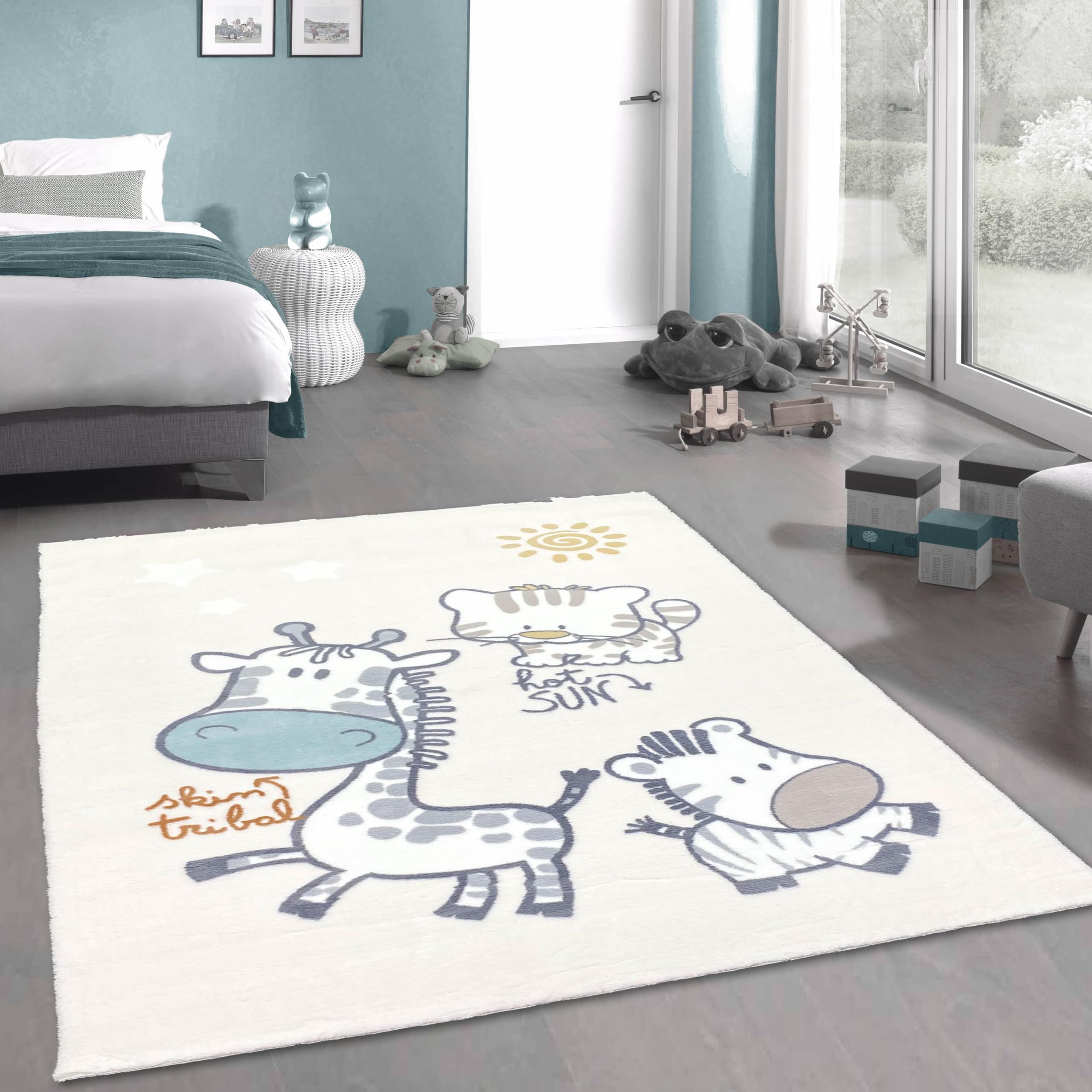 Carpetia Dywan do pokoju zabaw w kremowym kolorze z rysunkiem zwierząt | super miękki i łatwy w utrzymaniu 120 x 170 cm