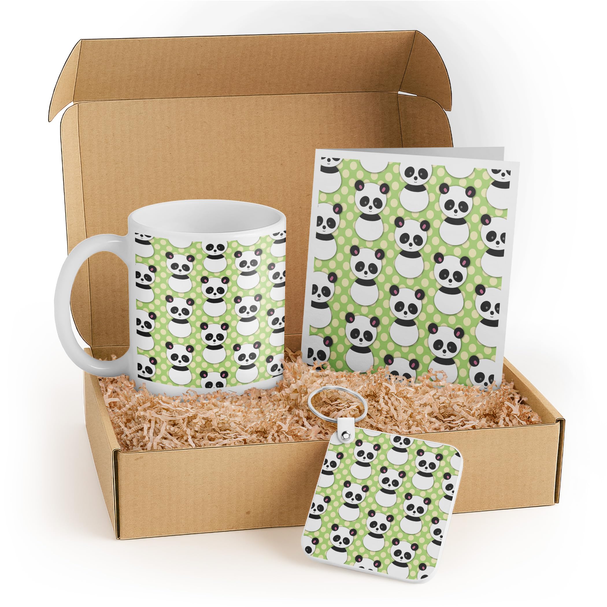 3dRose Cute Panda Bear Gift Set - Includes Mug, Greeting Card, and Keychain - Ideal Gift for Children, Birthdays, and Animal Lovers