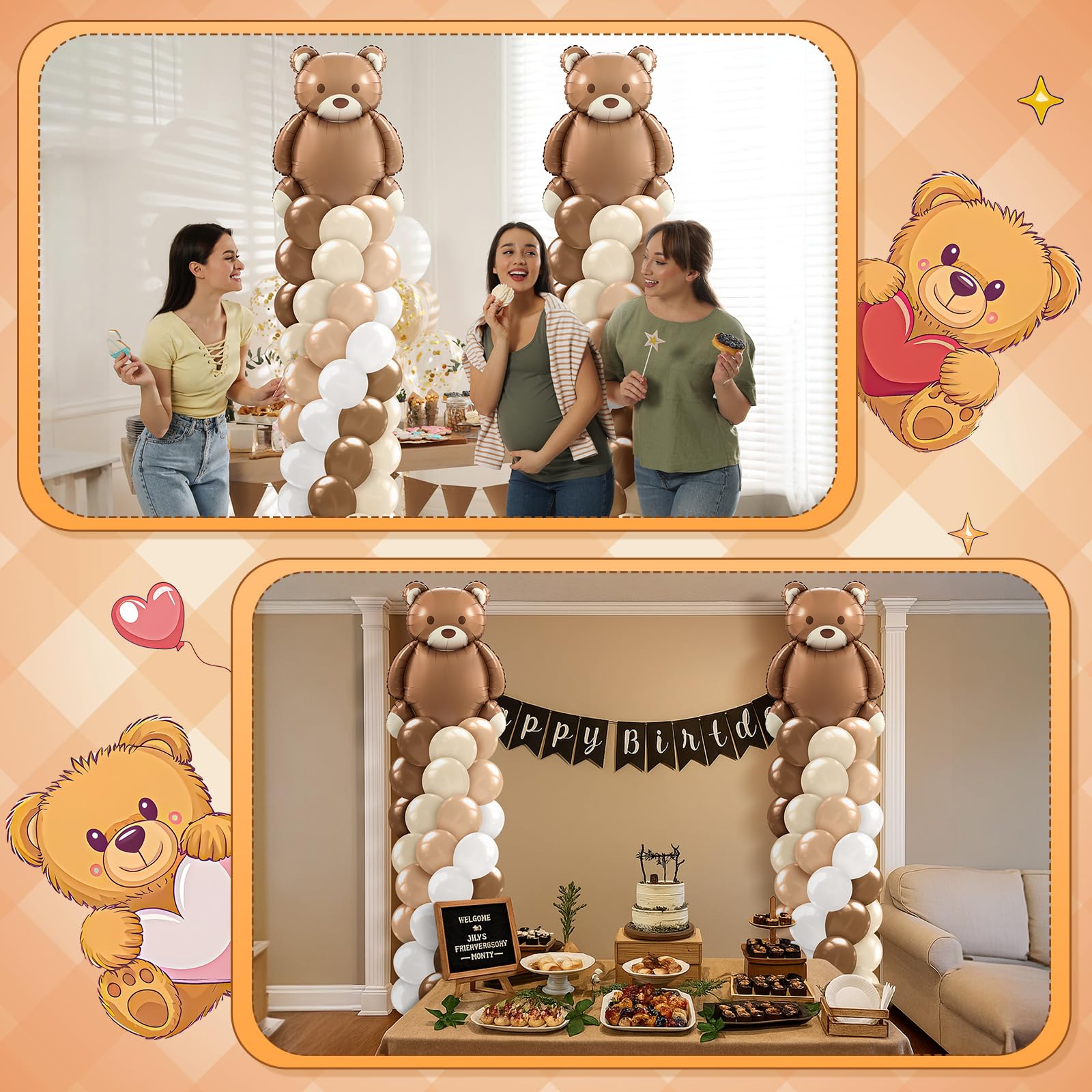 Kasyat Set di 2 set di supporti neutri per palloncini a forma di orso, decorazioni per baby shower con palloncini marroni, beige, nude, marrone chiaro, per baby shower, rivelazione di genere