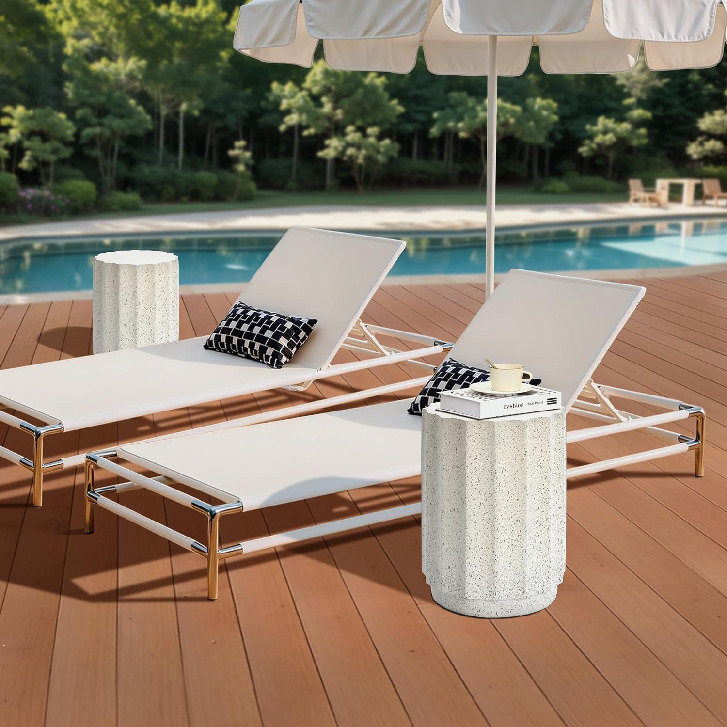 LuxenHome Cream with Gray Cement Fluted Round Indoor Outdoor Side and End Table, Set of 2