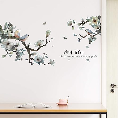 Vista 55 de DERUN TRADING Calcomanías de pared de flores de rosa azul, calcomanías de decoración murales para mujeres y niñas, cuarto de bebé, dormitorio
