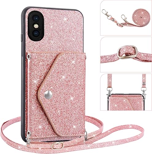 Miniatura 5 de Asuwish Funda para iPhone Xs Max con protector de pantalla de vidrio templado y correa cruzada, tarjetero con purpurina brillante i X XR Xsmax 10x