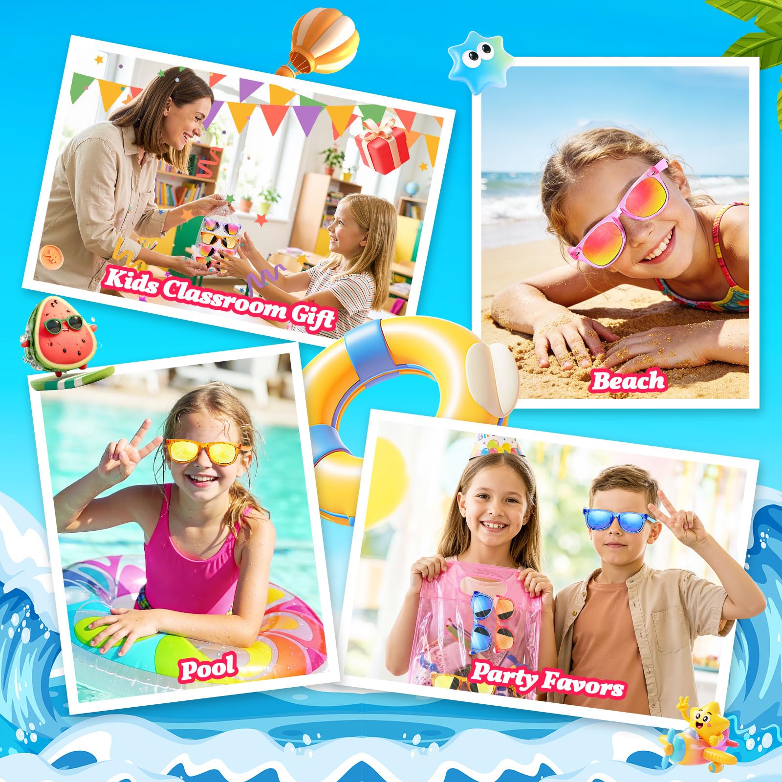 24 Stück Kinder-Sonnenbrillen, Partyzubehör, Geschenktüten für Kinder im Alter von 3–8 Jahren, Neonbrillen für Jungen und Mädchen, mit UV400-Schutz, Geburtstag, Klassenzimmer