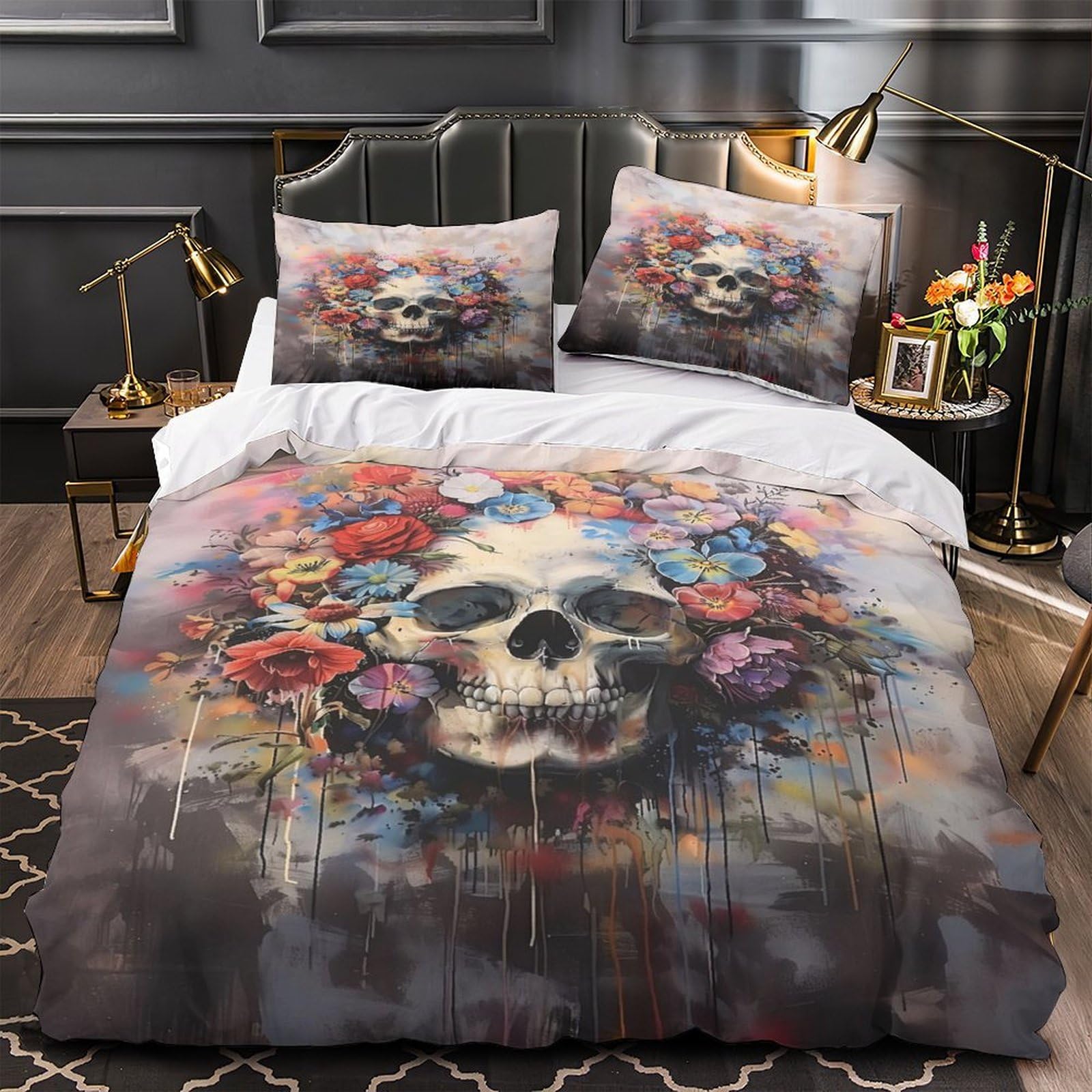 Parure de lit Skull Floral 220x240cm en microfibres avec taies d'oreiller