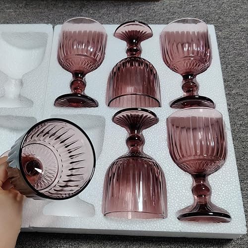 Miniatura 5 de Juego de 6 vasos morados para beber de agua de vino de colores, vasos rosados, cristalería de 11 onzas para boda, fiesta, bar, con patrón vertical
